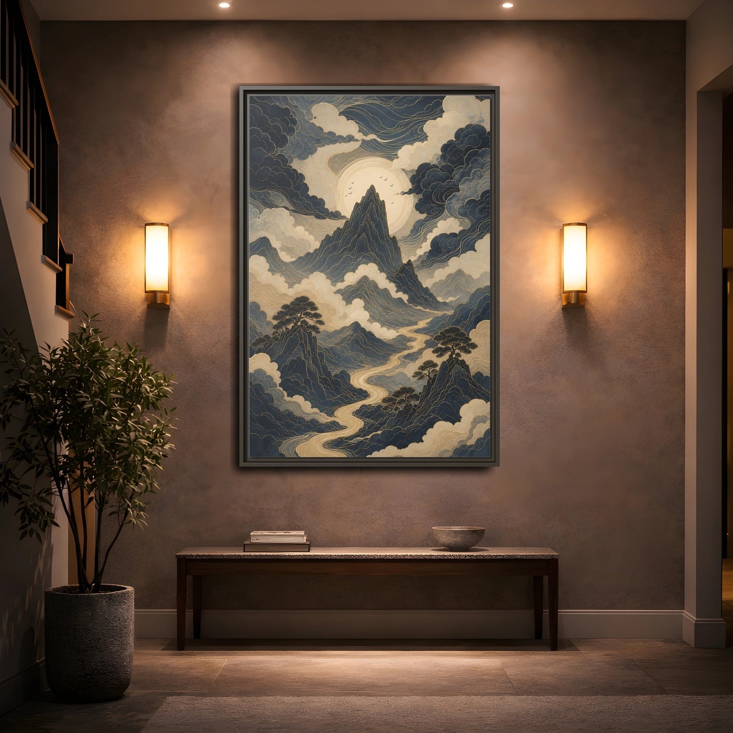 Nature Mountain River Blue and Gold Framed Canvas Wall Art - Traditional Living Room, Above Console Table shown as canvas wall art