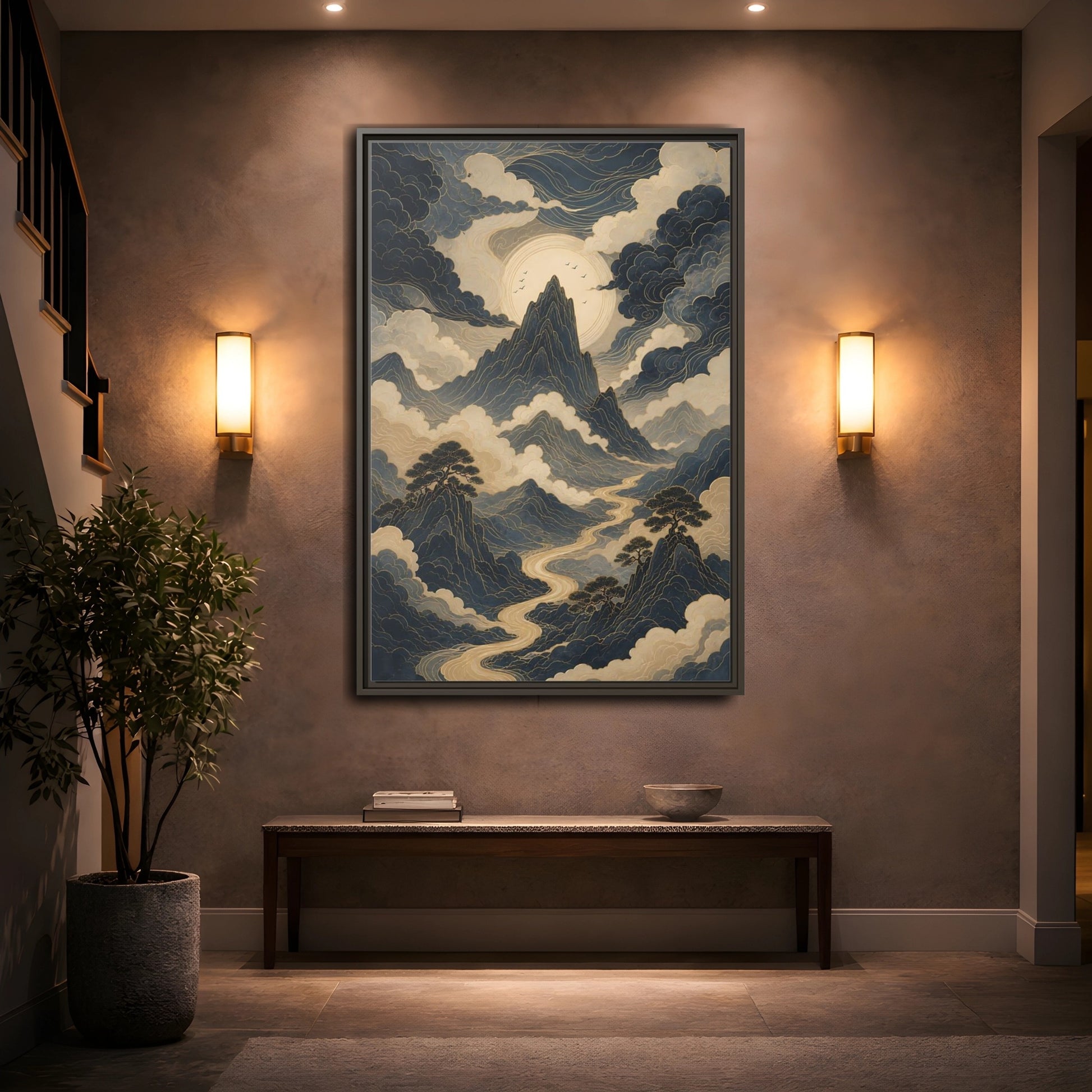 Nature Mountain River Blue and Gold Framed Canvas Wall Art - Traditional Living Room, Above Console Table shown as canvas wall art