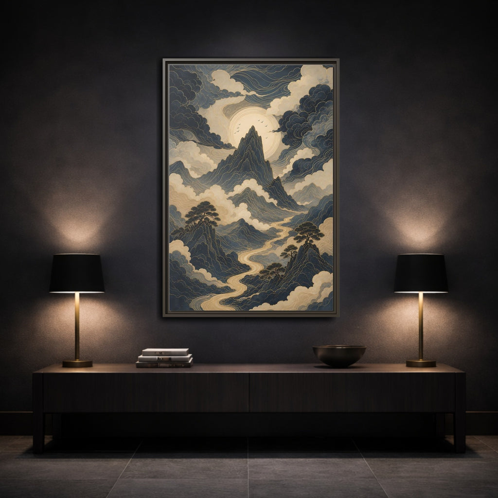 Mockup 3. Nature Mountain River Blue And Gold Landscape shown as stretched canvas wall art