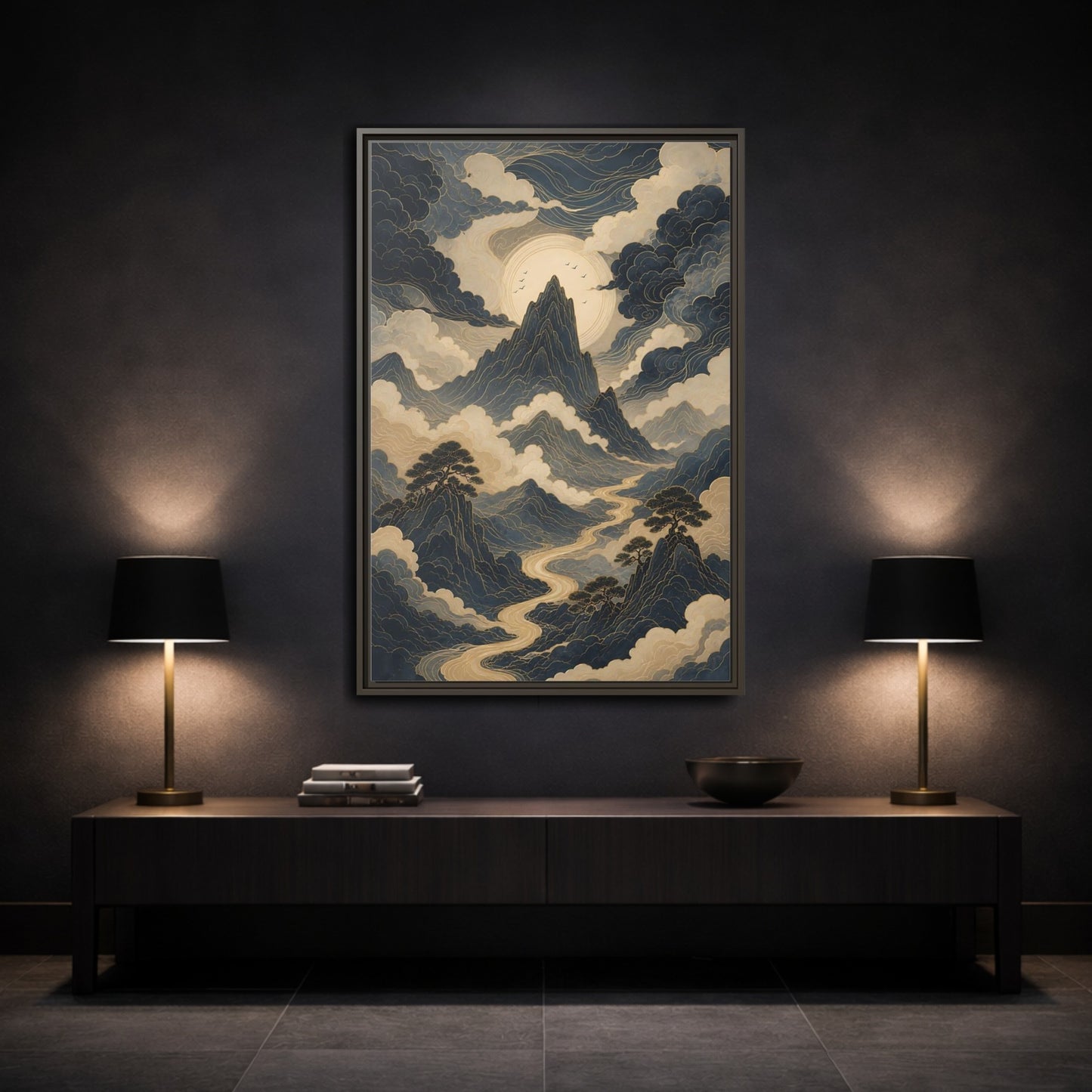 Nature Mountain River Blue and Gold Framed Canvas Wall Art - Traditional Living Room, Above Console Table shown as canvas wall art