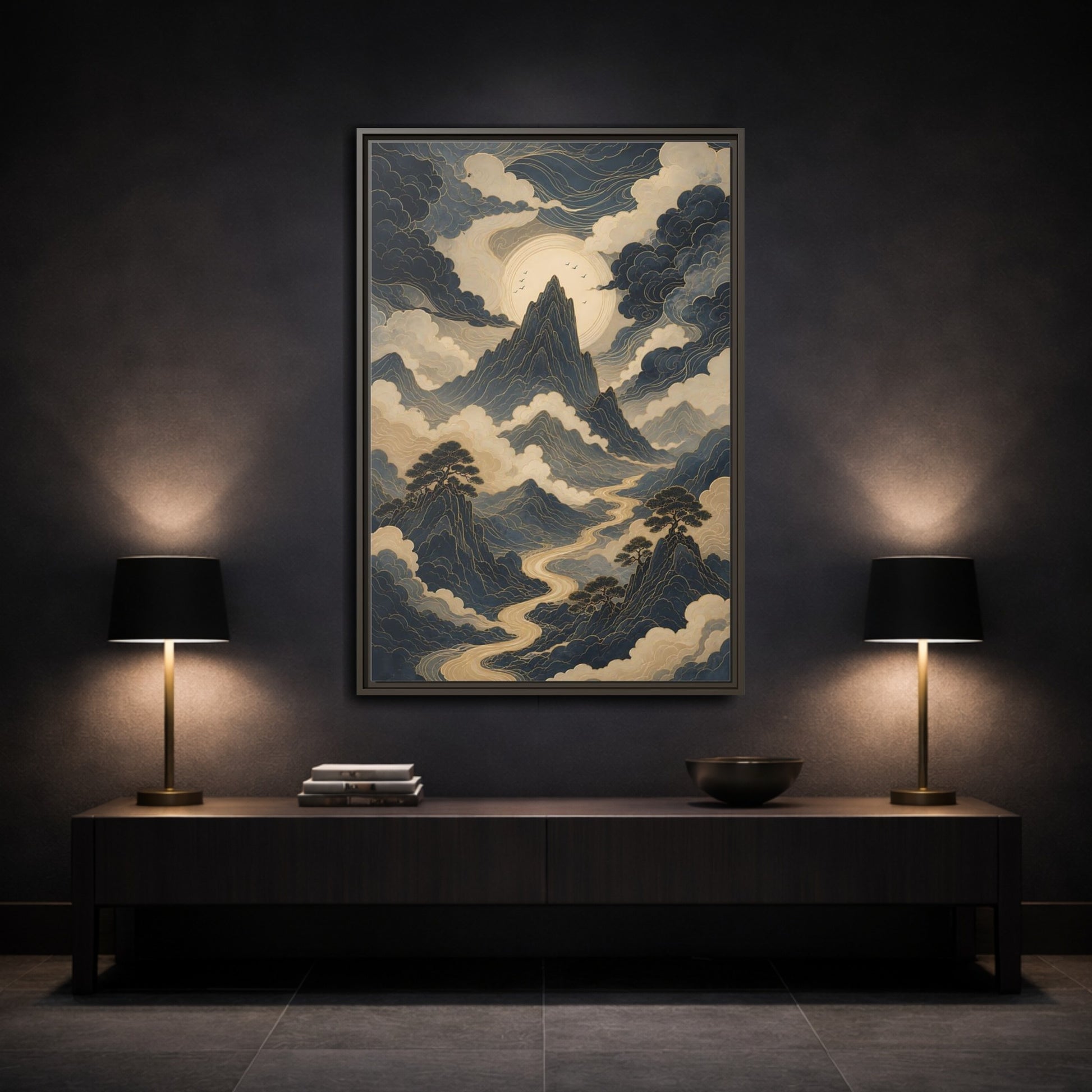 Nature Mountain River Blue and Gold Framed Canvas Wall Art - Traditional Living Room, Above Console Table shown as canvas wall art