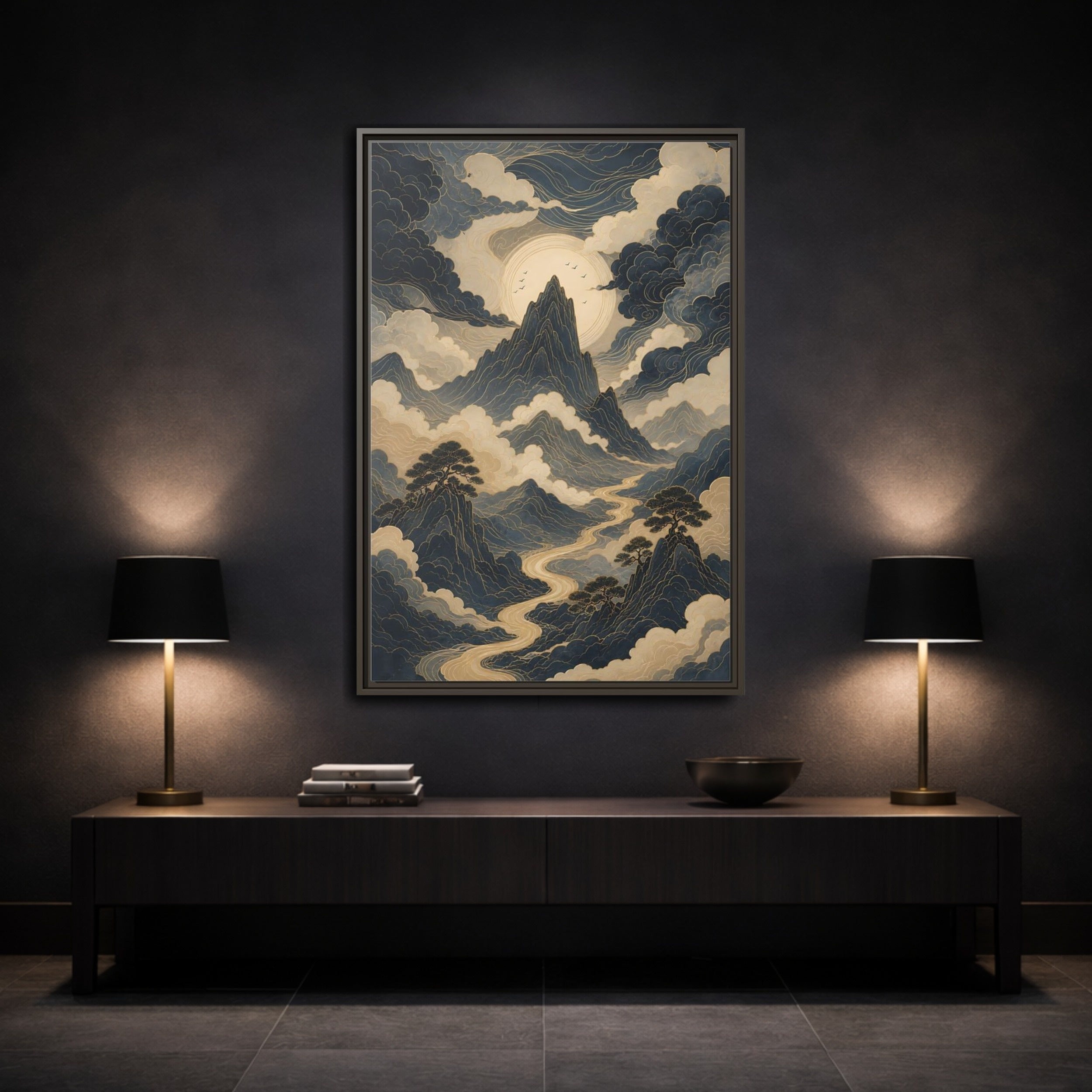 Mockup 3. Nature Mountain River Blue And Gold Landscape shown as stretched canvas wall art