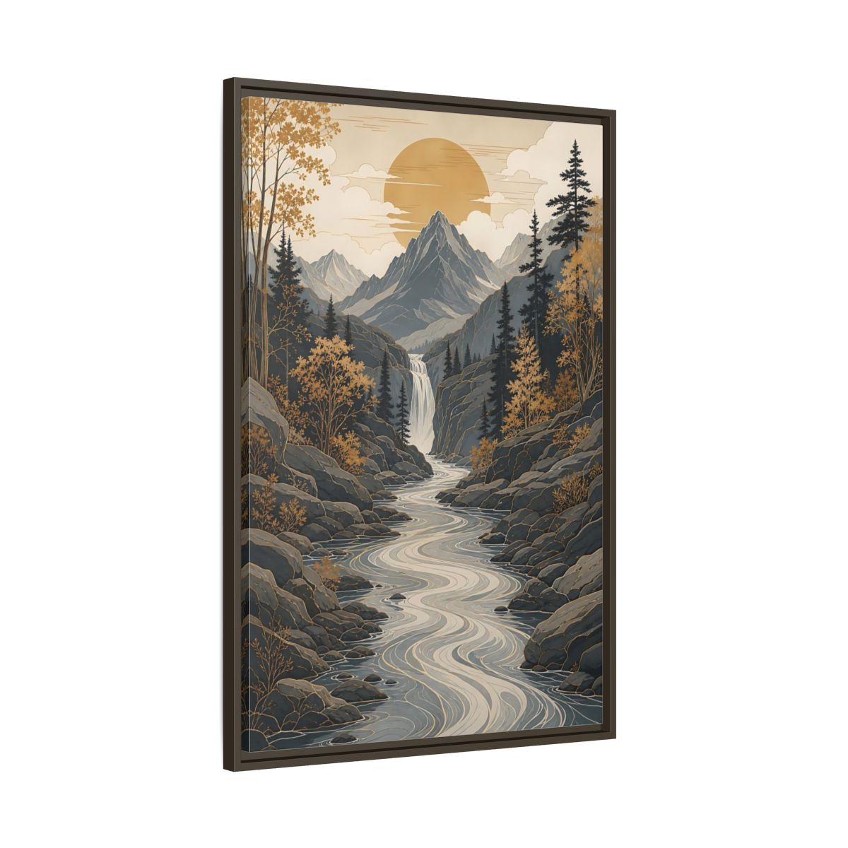 Main Mockup. Nature Mountain River Gold Gray Landscape shown as stretched canvas wall art