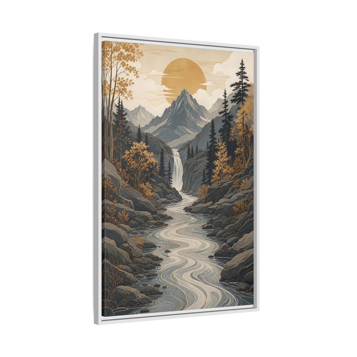 Side Mockup 9. Nature Mountain River Gold Gray Landscape shown as stretched canvas wall art
