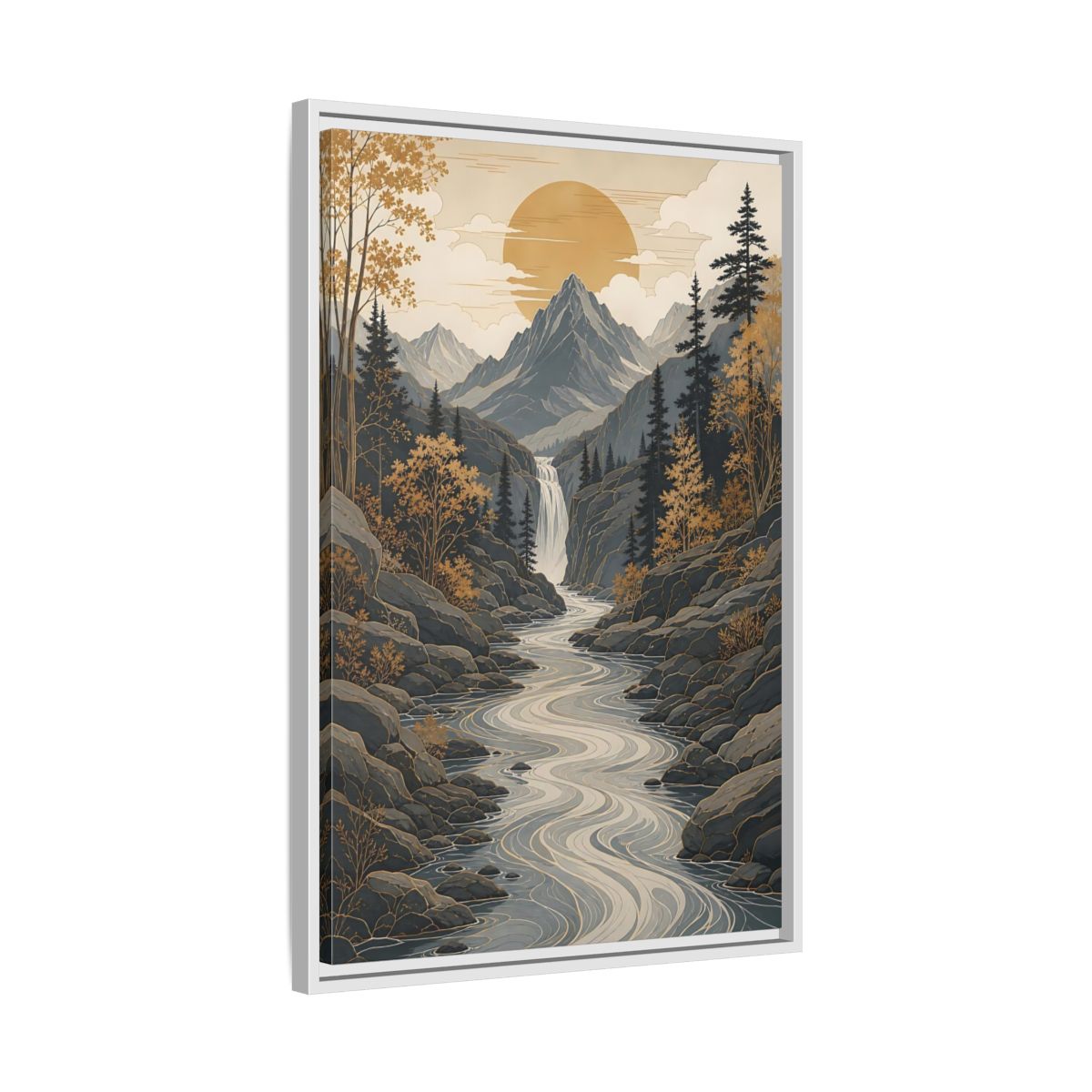 Side Mockup 10. Nature Mountain River Gold Gray Landscape shown as stretched canvas wall art