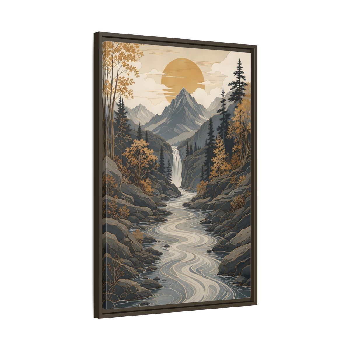 Side Mockup 11. Nature Mountain River Gold Gray Landscape shown as stretched canvas wall art