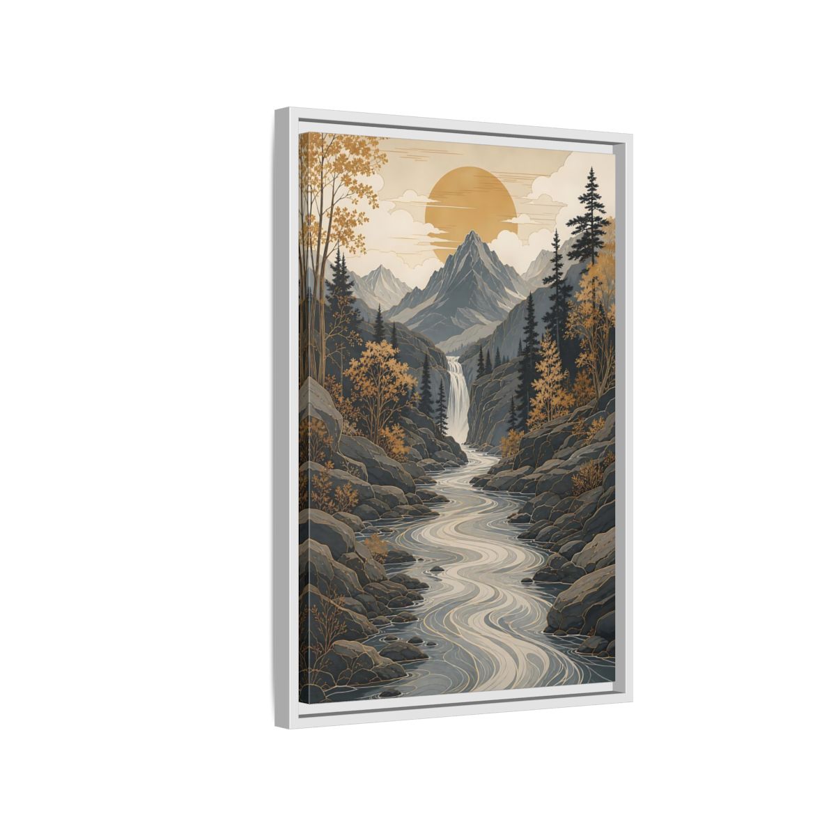 Side Mockup 1. Nature Mountain River Gold Gray Landscape shown as stretched canvas wall art