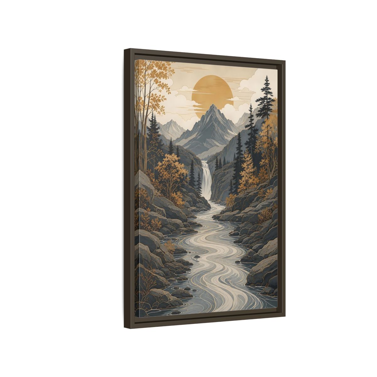 Side Mockup 2. Nature Mountain River Gold Gray Landscape shown as stretched canvas wall art