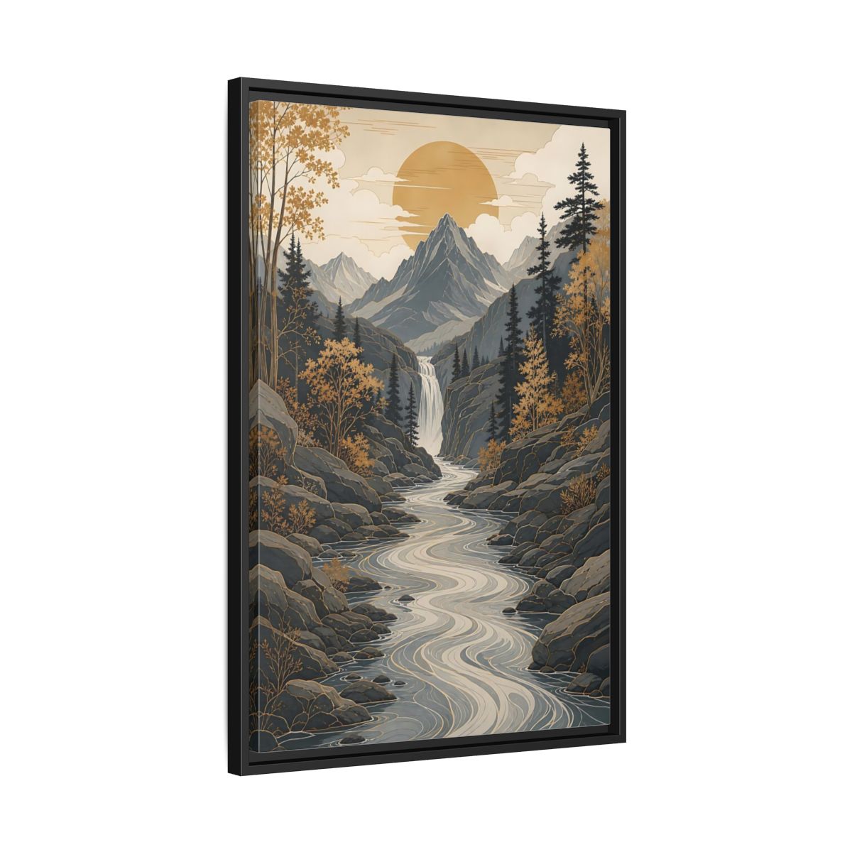 Side Mockup 14. Nature Mountain River Gold Gray Landscape shown as stretched canvas wall art