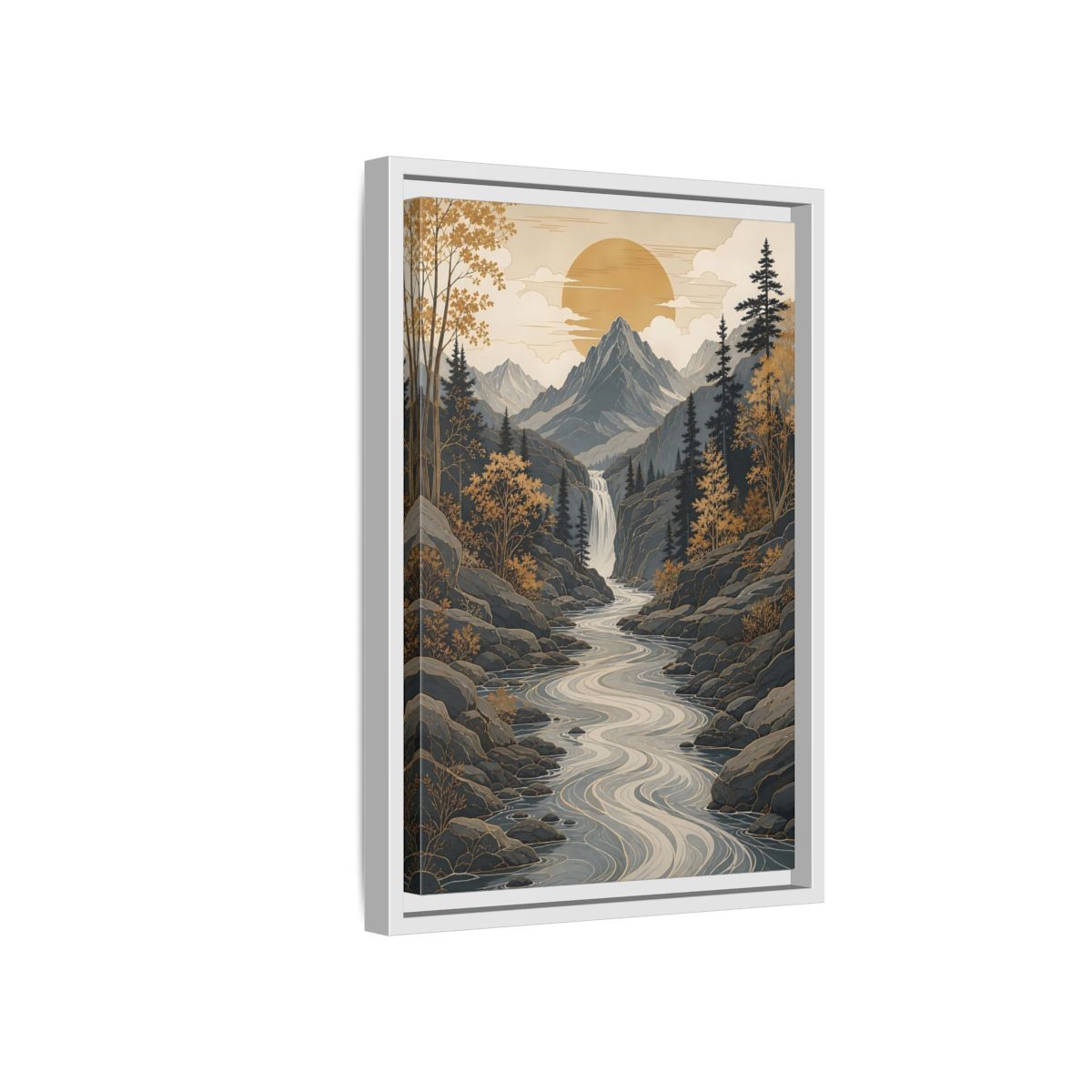 Side Mockup 4. Nature Mountain River Gold Gray Landscape shown as stretched canvas wall art