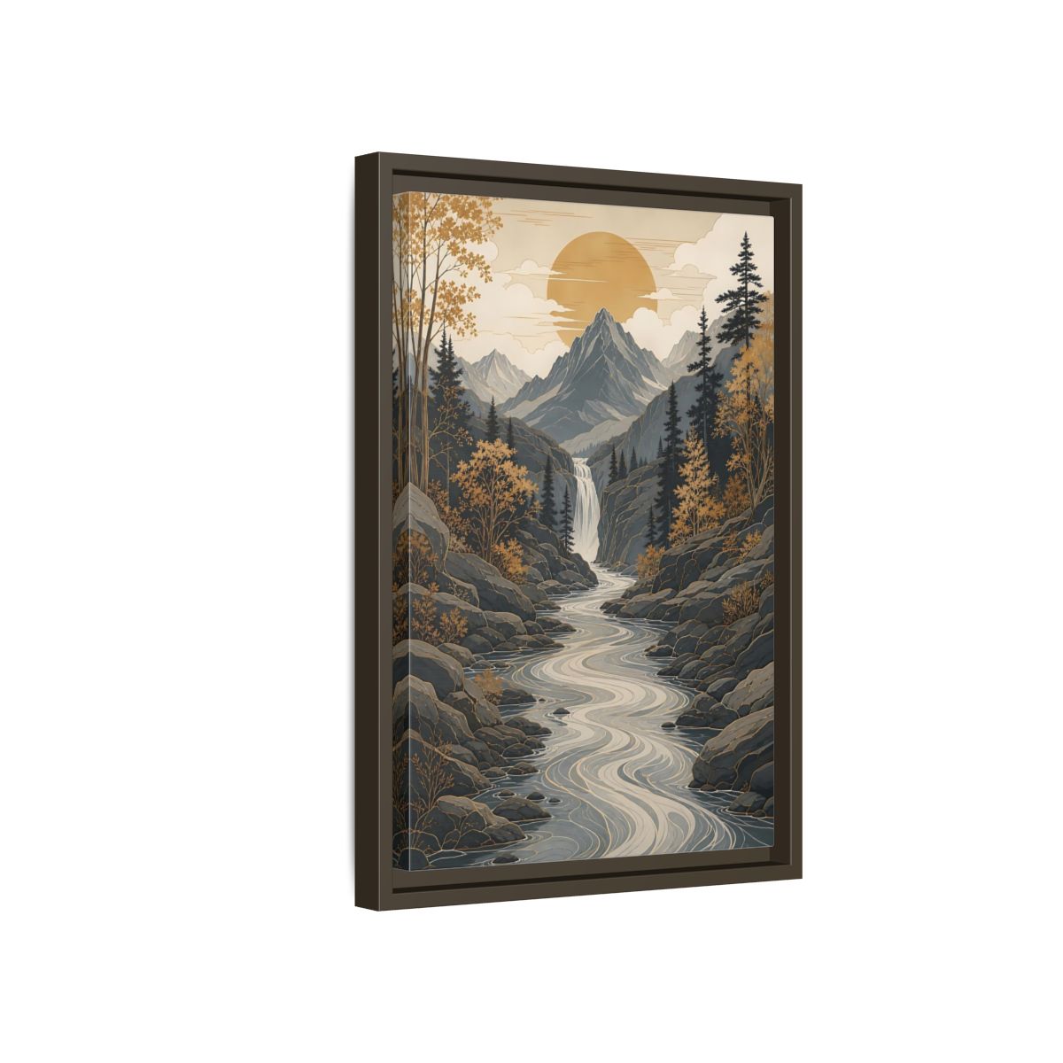 Side Mockup 5. Nature Mountain River Gold Gray Landscape shown as stretched canvas wall art