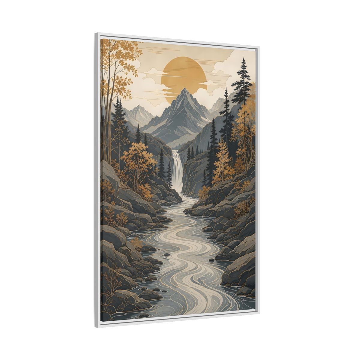 Side Mockup 7. Nature Mountain River Gold Gray Landscape shown as stretched canvas wall art