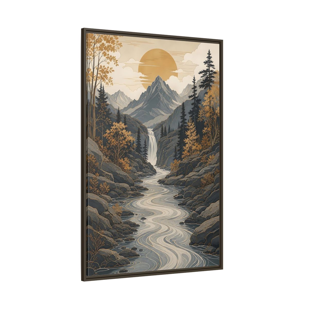 Side Mockup 8. Nature Mountain River Gold Gray Landscape shown as stretched canvas wall art