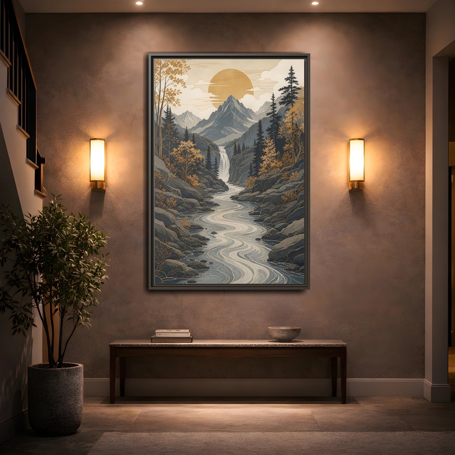 Mockup 2. Nature Mountain River Gold Gray Landscape shown as stretched canvas wall art
