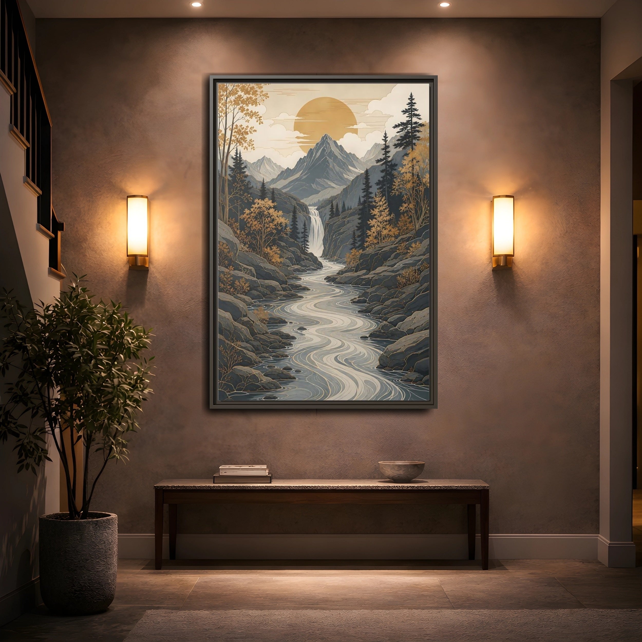 Mockup 2. Nature Mountain River Gold Gray Landscape shown as stretched canvas wall art