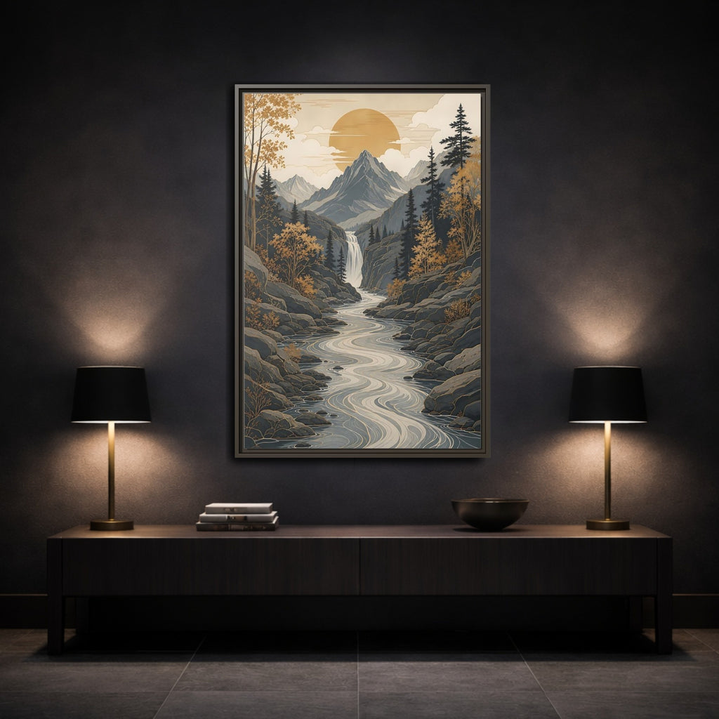 Mockup 3. Nature Mountain River Gold Gray Landscape shown as stretched canvas wall art