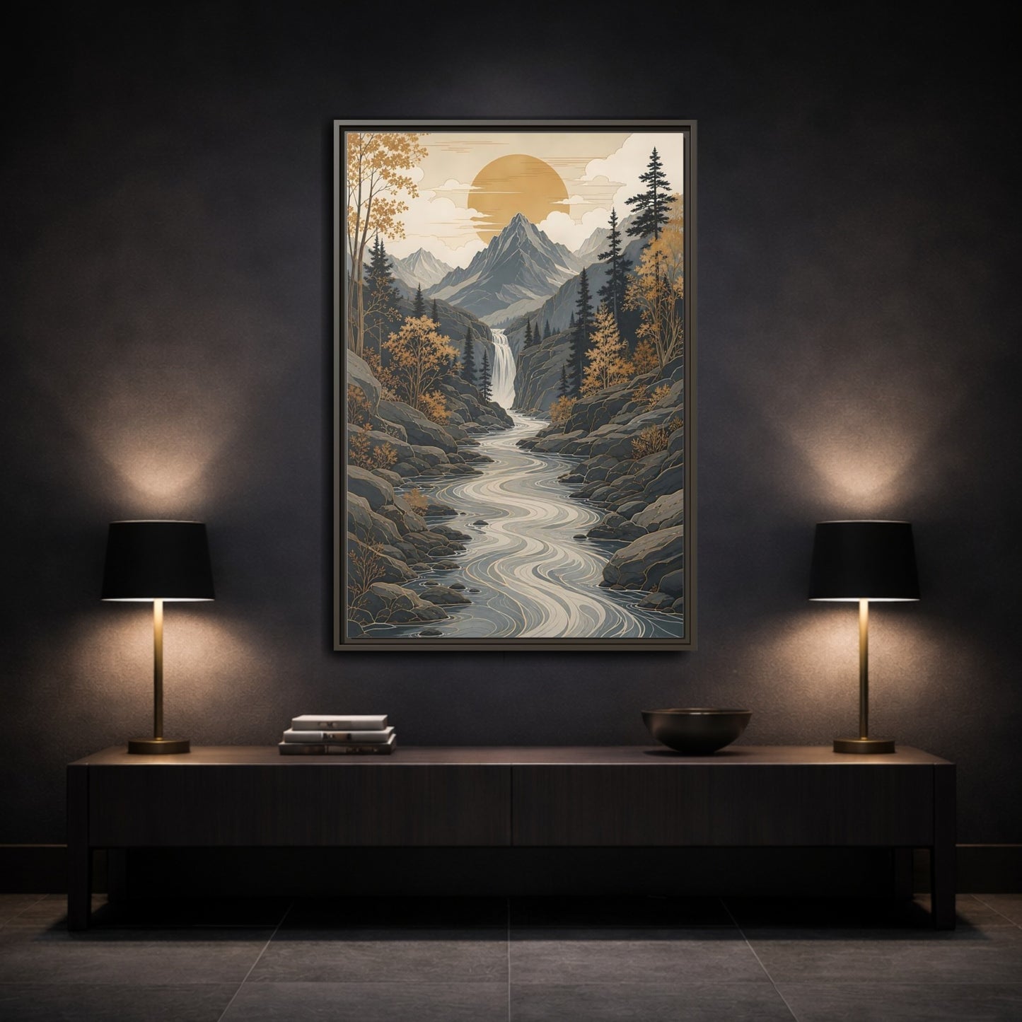 Mockup 3. Nature Mountain River Gold Gray Landscape shown as stretched canvas wall art