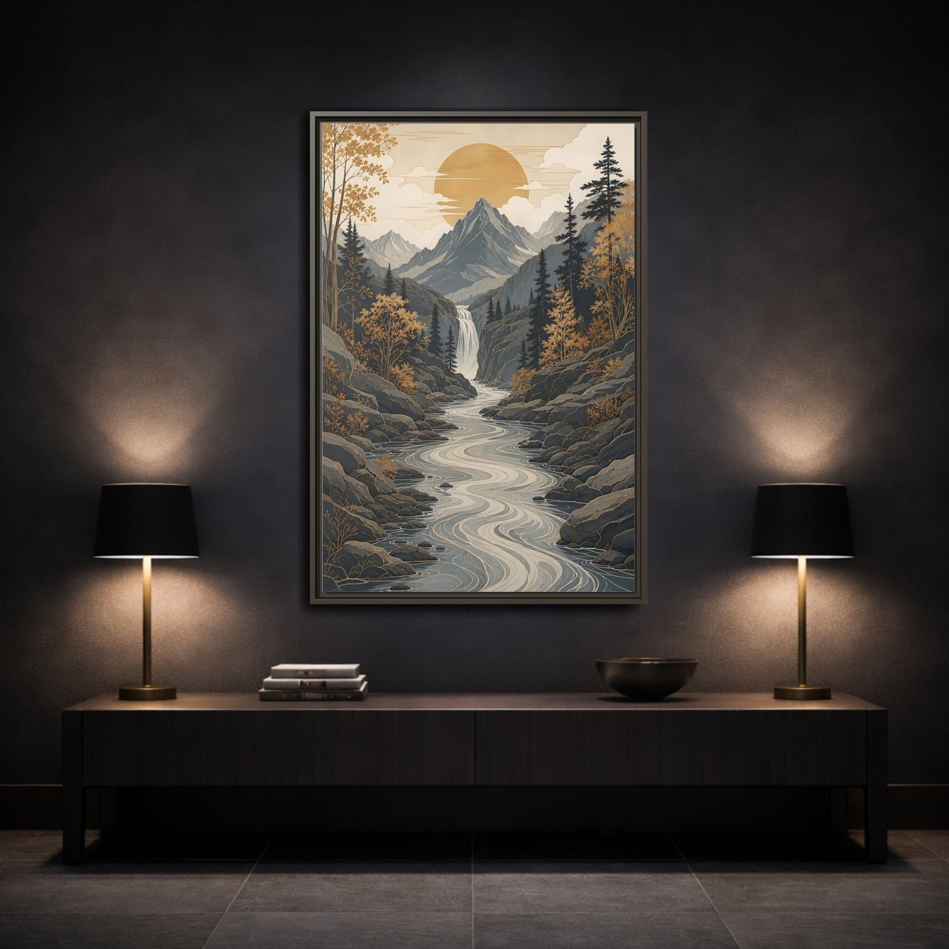 Mockup 3. Nature Mountain River Gold Gray Landscape shown as stretched canvas wall art
