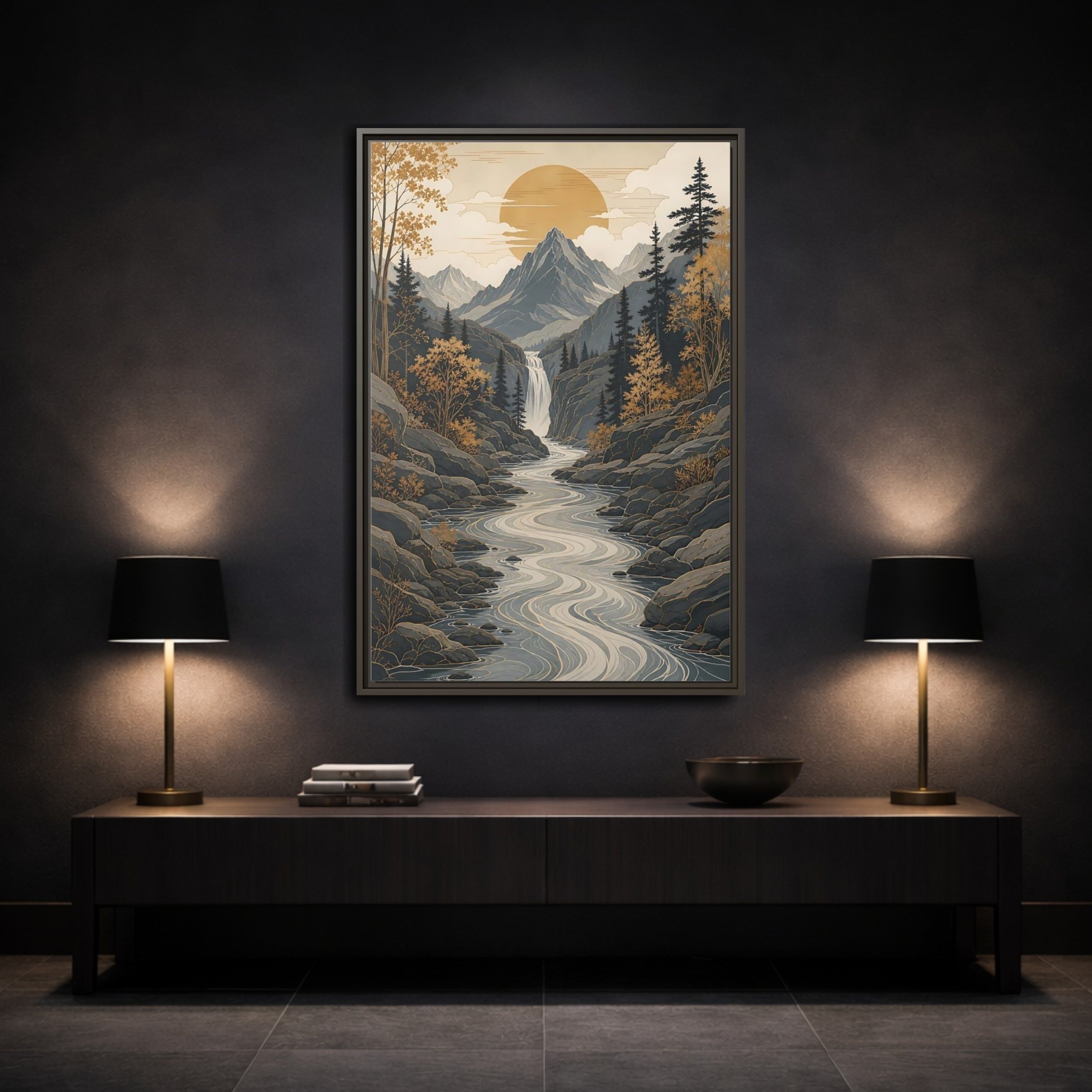 Mockup 3. Nature Mountain River Gold Gray Landscape shown as stretched canvas wall art