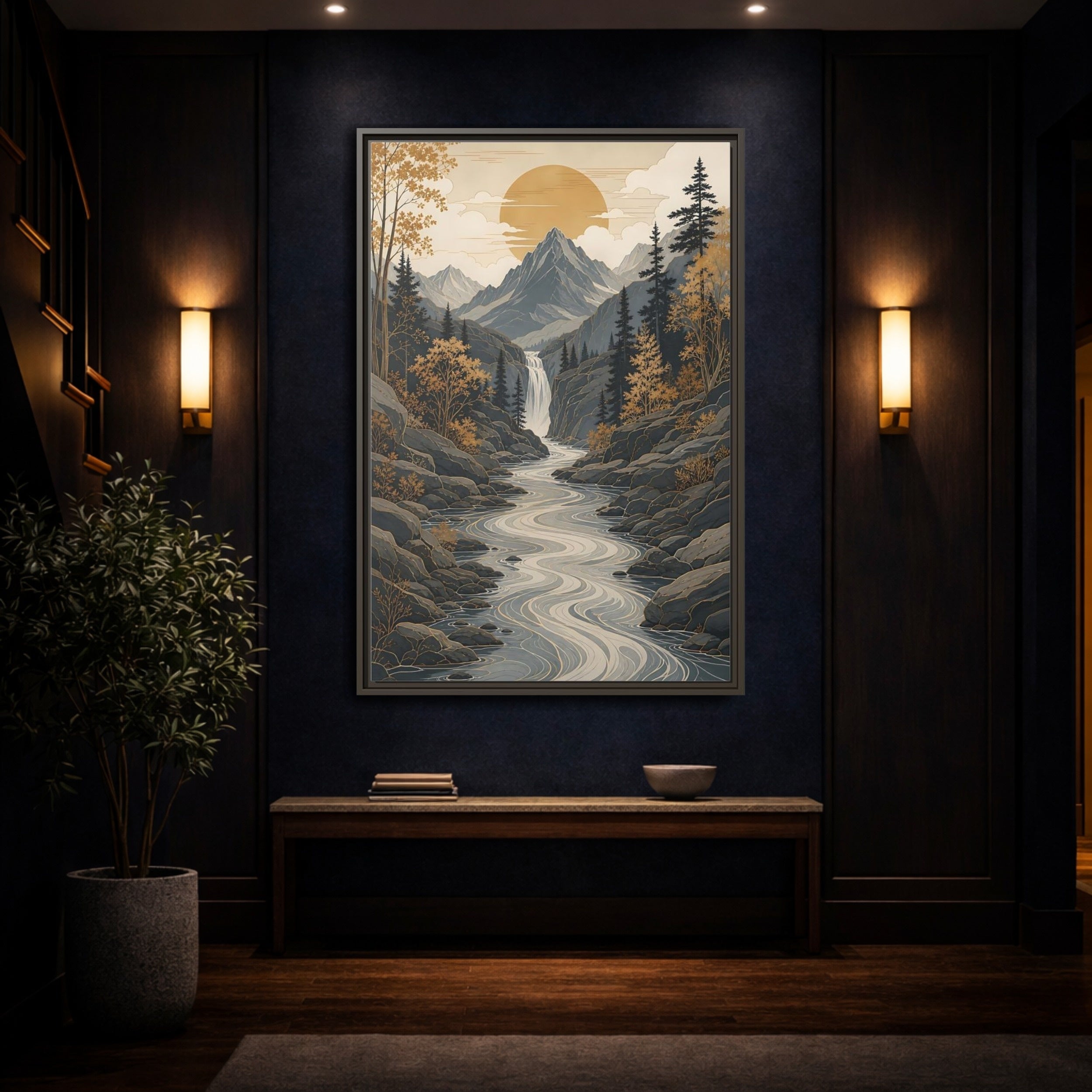 Mockup 4. Nature Mountain River Gold Gray Landscape shown as stretched canvas wall art