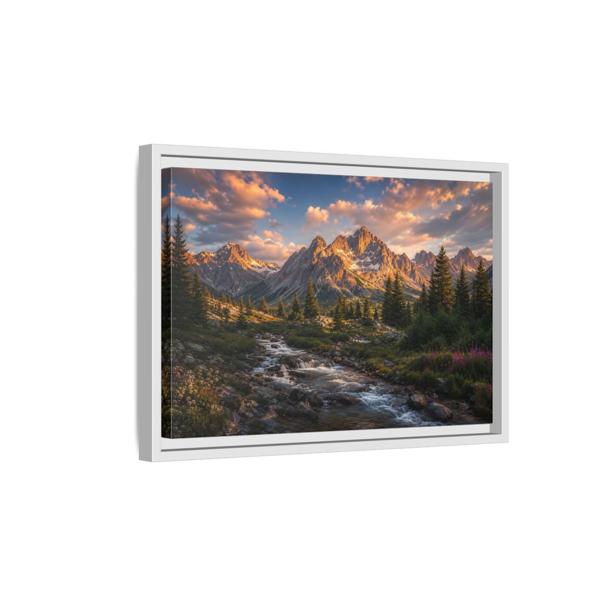 Side Mockup 4. Nature Mountain River Golden Mountain River shown as stretched canvas wall art