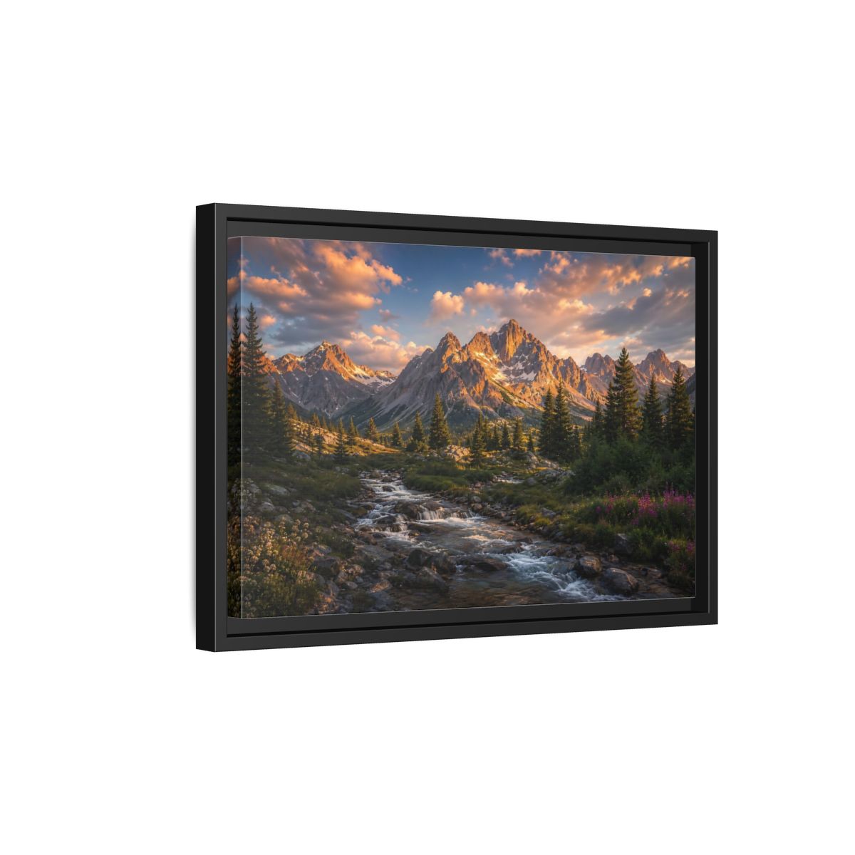 Side Mockup 6. Nature Mountain River Golden Mountain River shown as stretched canvas wall art