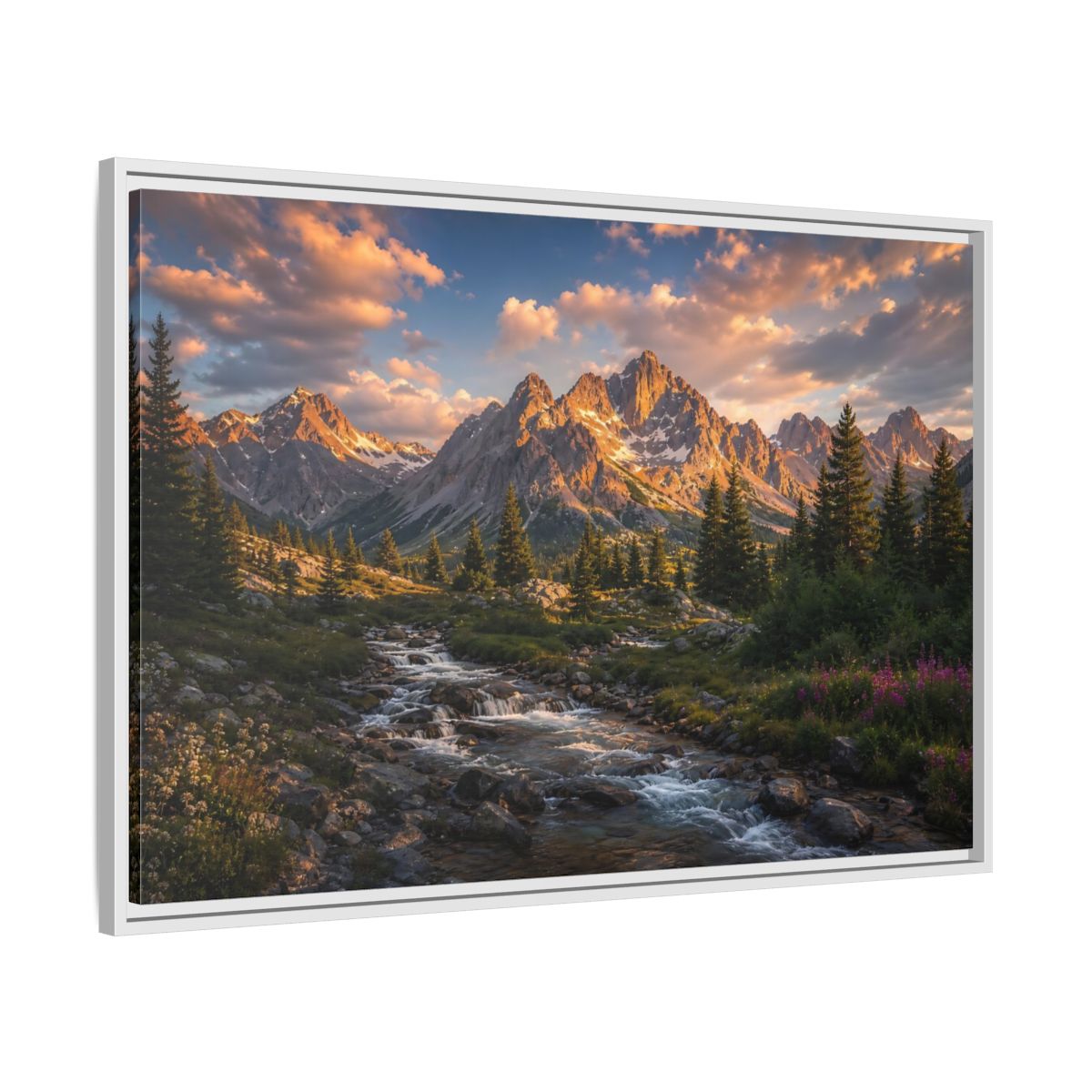 Side Mockup 9. Nature Mountain River Golden Mountain River shown as stretched canvas wall art