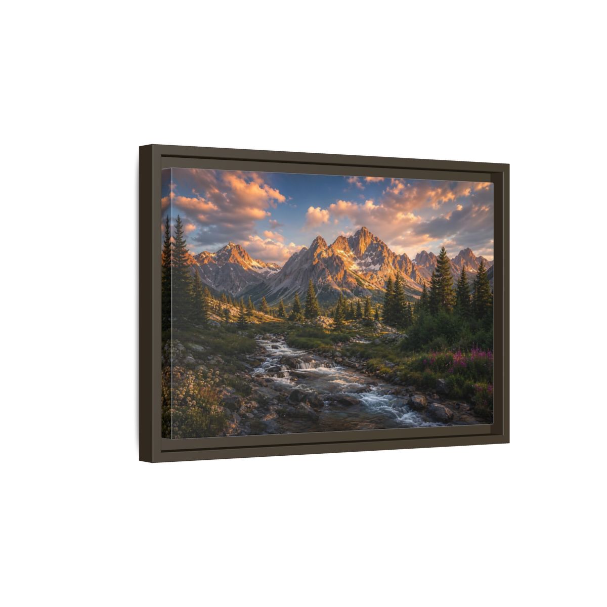 Side Mockup 5. Nature Mountain River Golden Mountain River shown as stretched canvas wall art