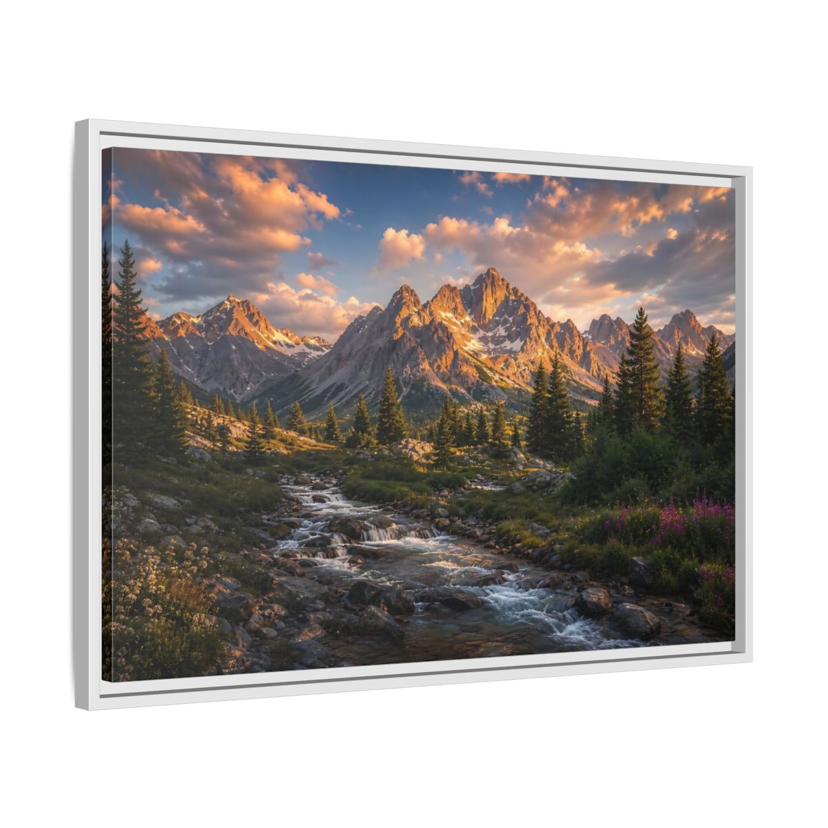 Side Mockup 10. Nature Mountain River Golden Mountain River shown as stretched canvas wall art