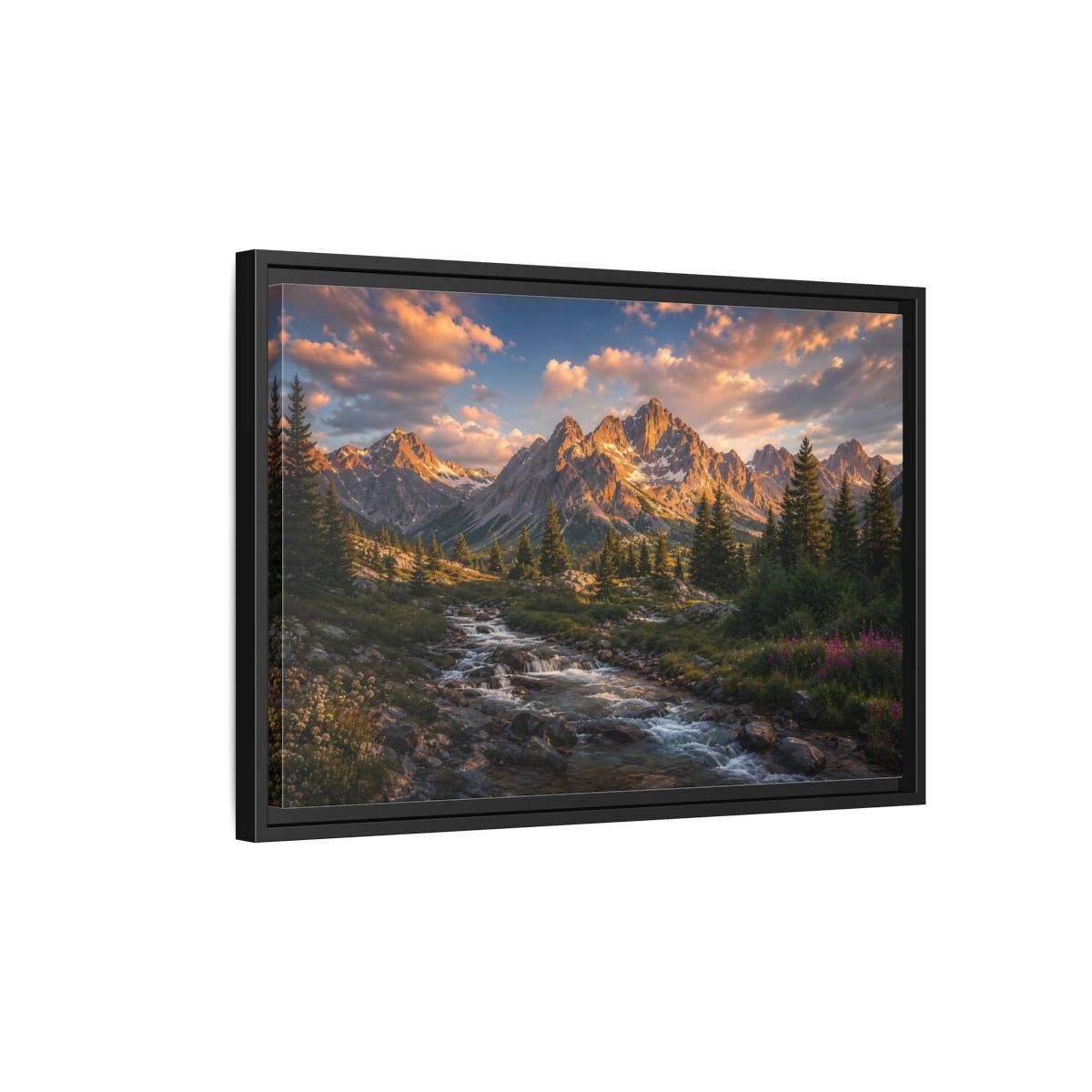 Side Mockup 3. Nature Mountain River Golden Mountain River shown as stretched canvas wall art