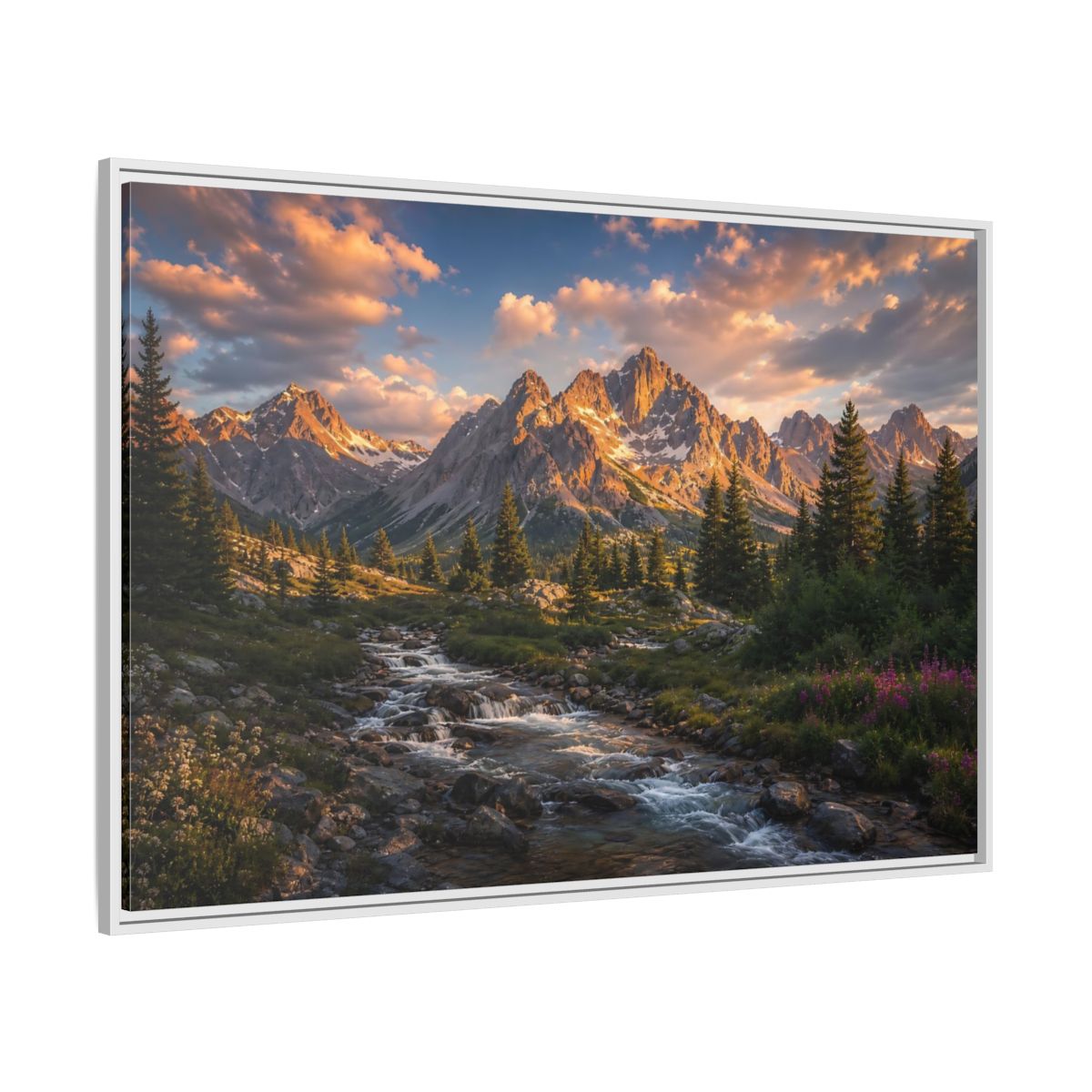Side Mockup 7. Nature Mountain River Golden Mountain River shown as stretched canvas wall art