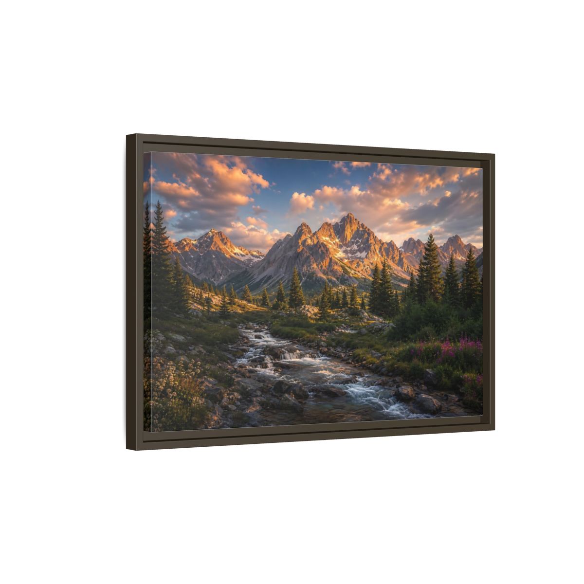 Side Mockup 2. Nature Mountain River Golden Mountain River shown as stretched canvas wall art