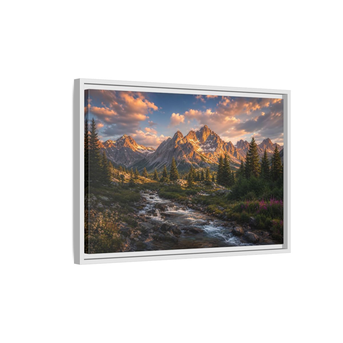 Side Mockup 1. Nature Mountain River Golden Mountain River shown as stretched canvas wall art