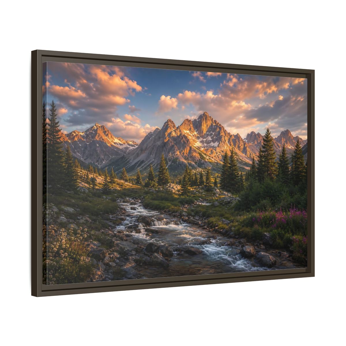 Side Mockup 11. Nature Mountain River Golden Mountain River shown as stretched canvas wall art