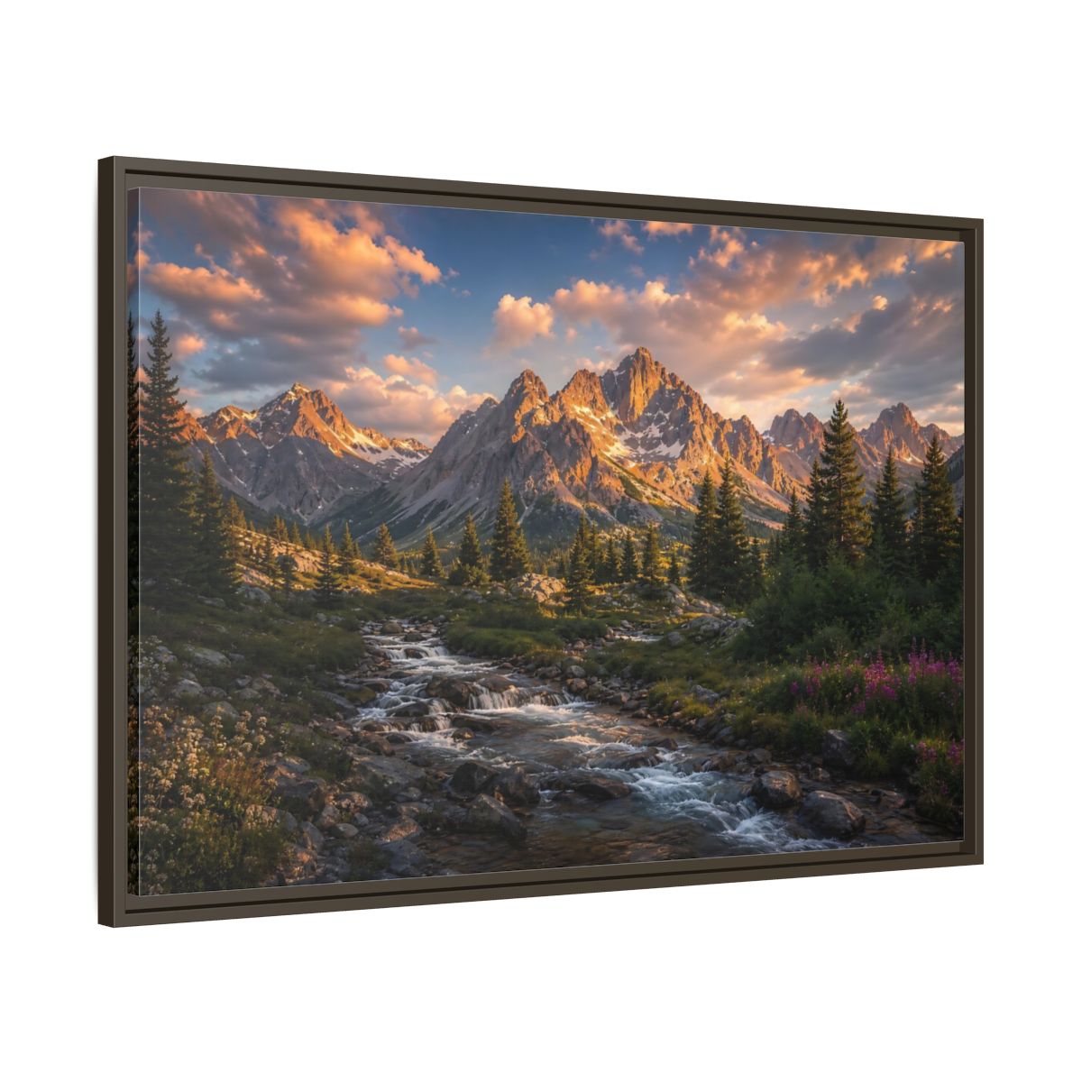 Main Mockup. Nature Mountain River Golden Mountain River shown as stretched canvas wall art