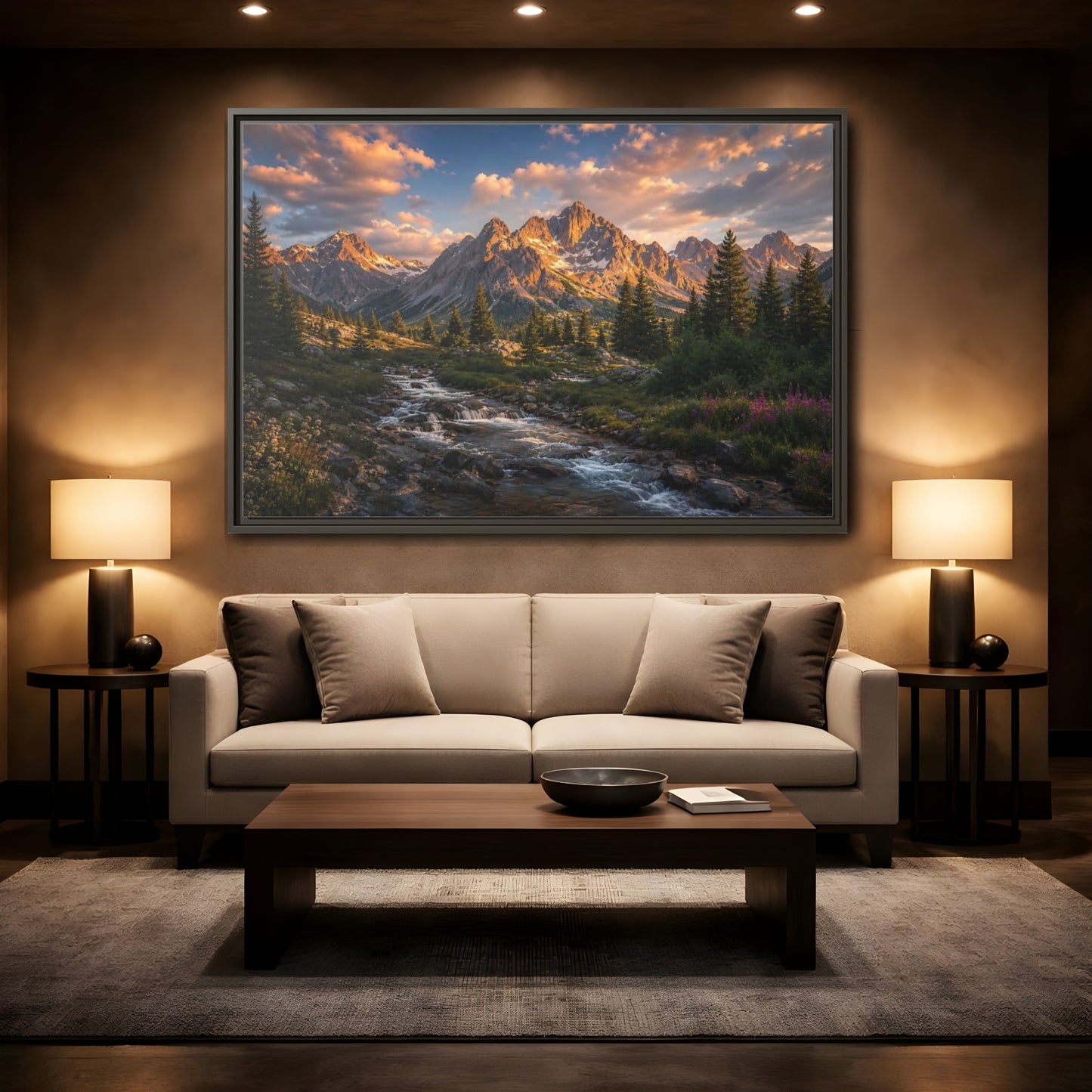 Mockup 2. Nature Mountain River Golden Mountain River shown as stretched canvas wall art