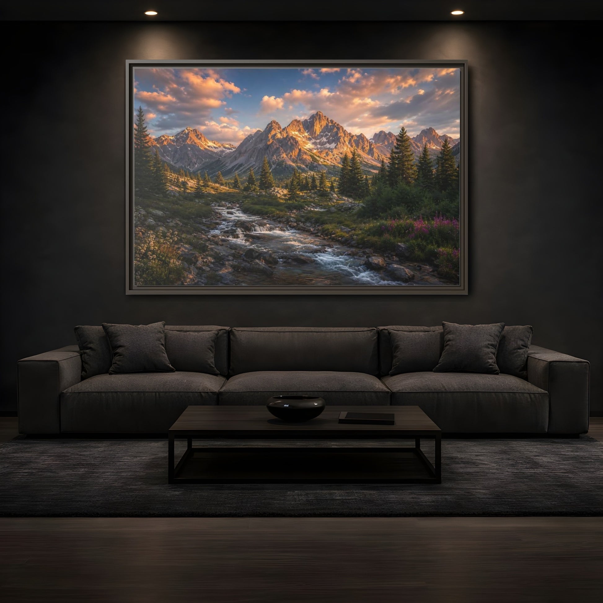 Mockup 3. Nature Mountain River Golden Mountain River shown as stretched canvas wall art