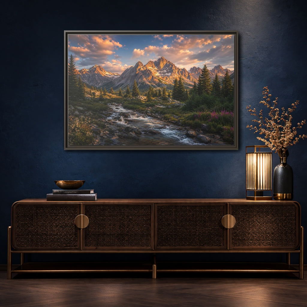 Mockup 4. Nature Mountain River Golden Mountain River shown as stretched canvas wall art