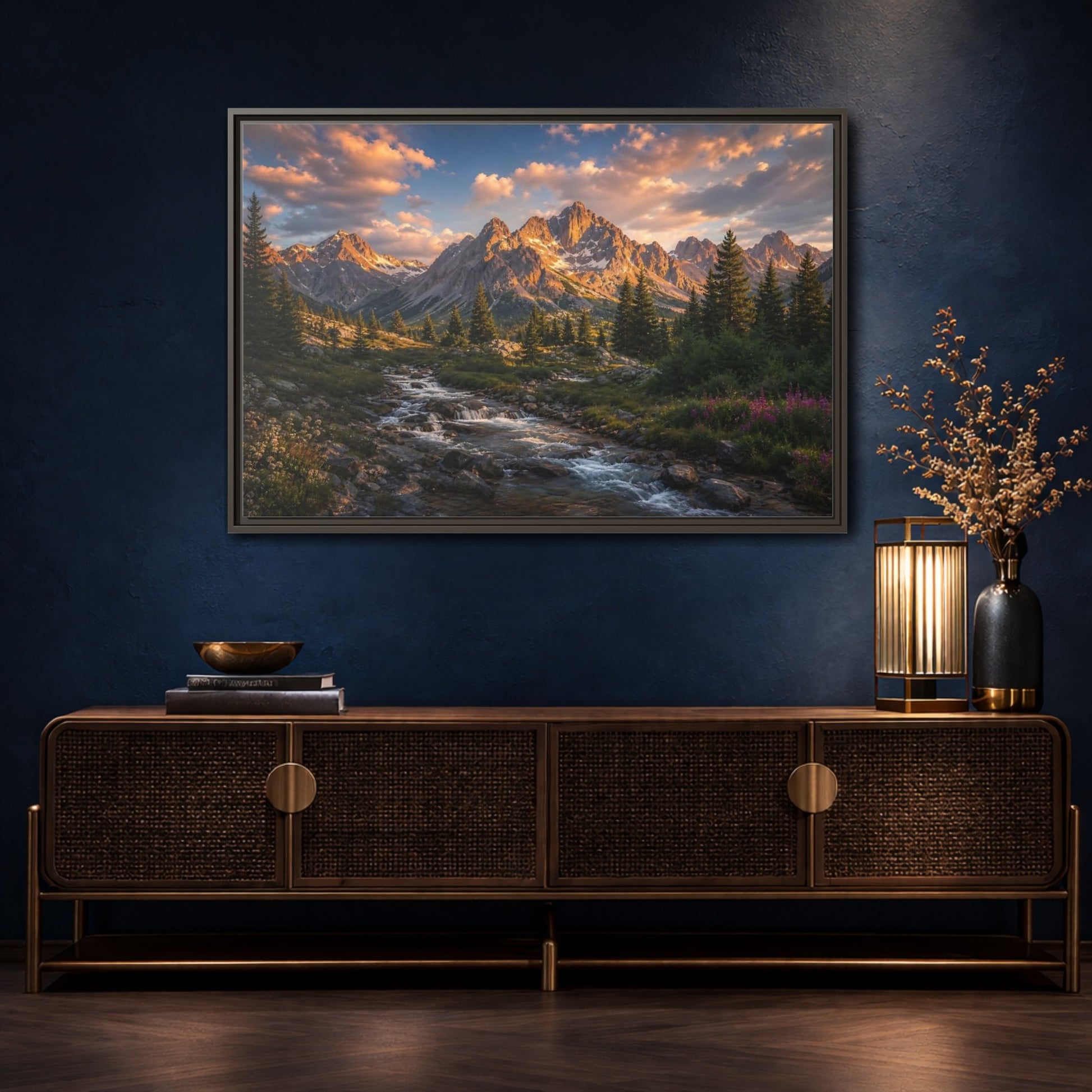 Mockup 4. Nature Mountain River Golden Mountain River shown as stretched canvas wall art