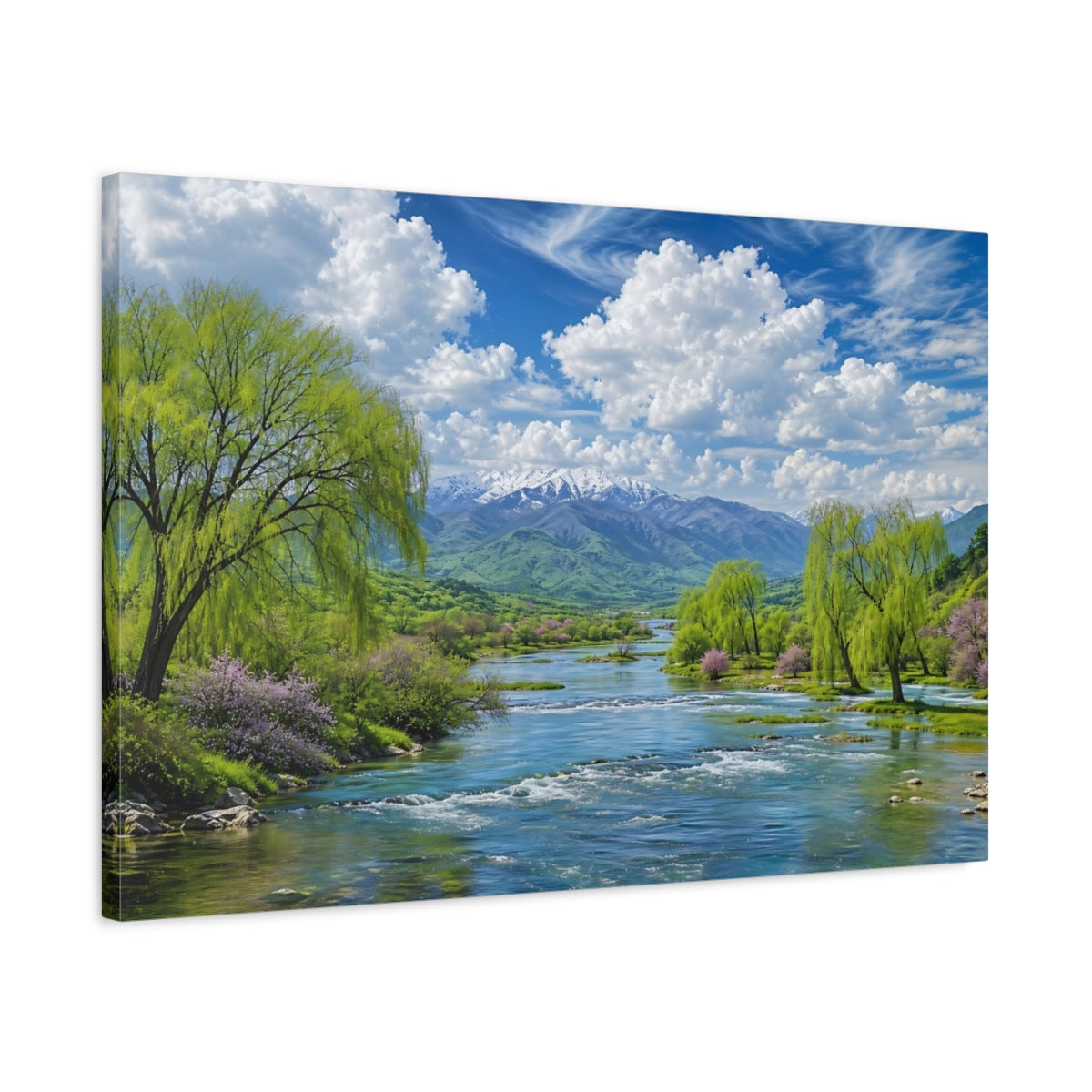Side Mockup 2. Nature Mountain River Green Blue Nature shown as stretched canvas wall art