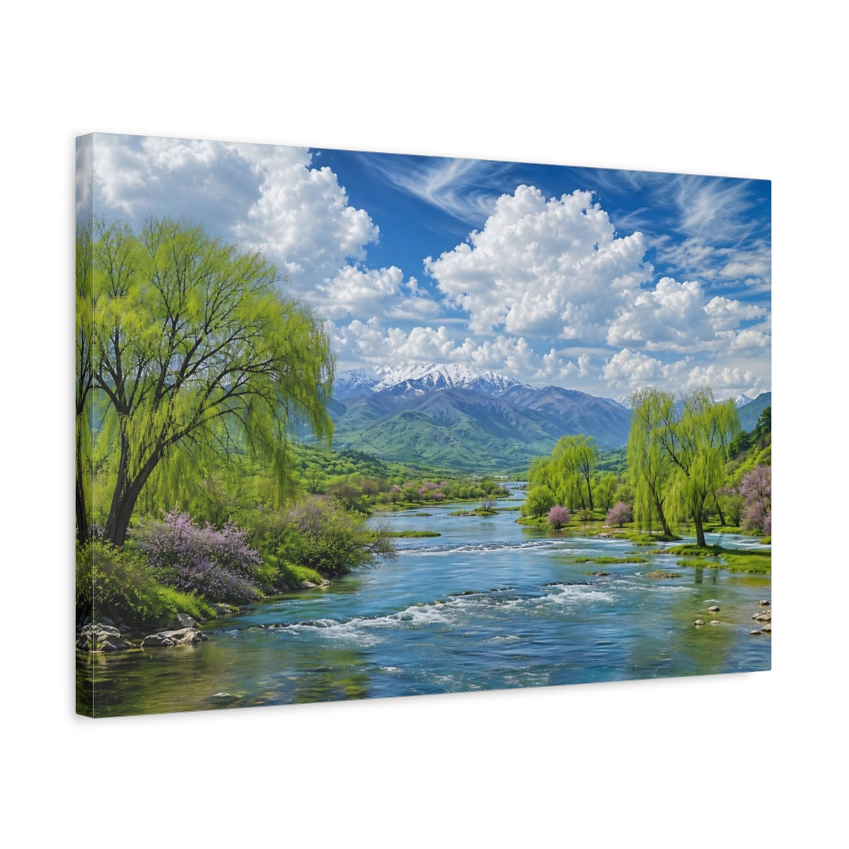 Side Mockup 3. Nature Mountain River Green Blue Nature shown as stretched canvas wall art