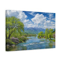Side Mockup 4. Nature Mountain River Green Blue Nature shown as stretched canvas wall art