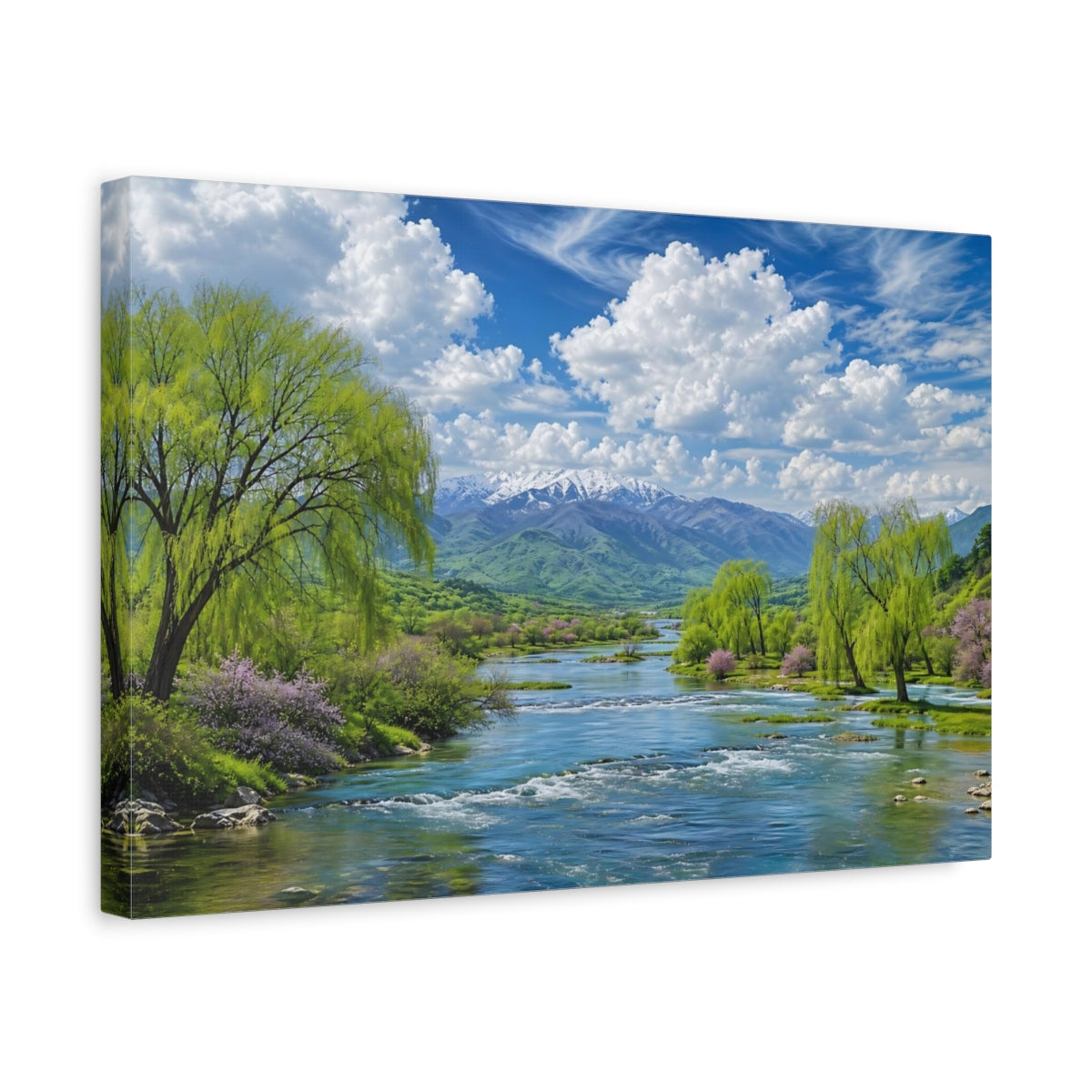 Side Mockup 4. Nature Mountain River Green Blue Nature shown as stretched canvas wall art