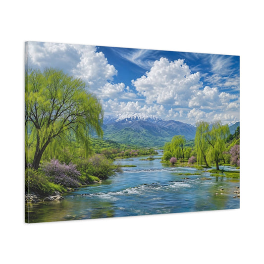 Main Mockup. Nature Mountain River Green Blue Nature shown as stretched canvas wall art