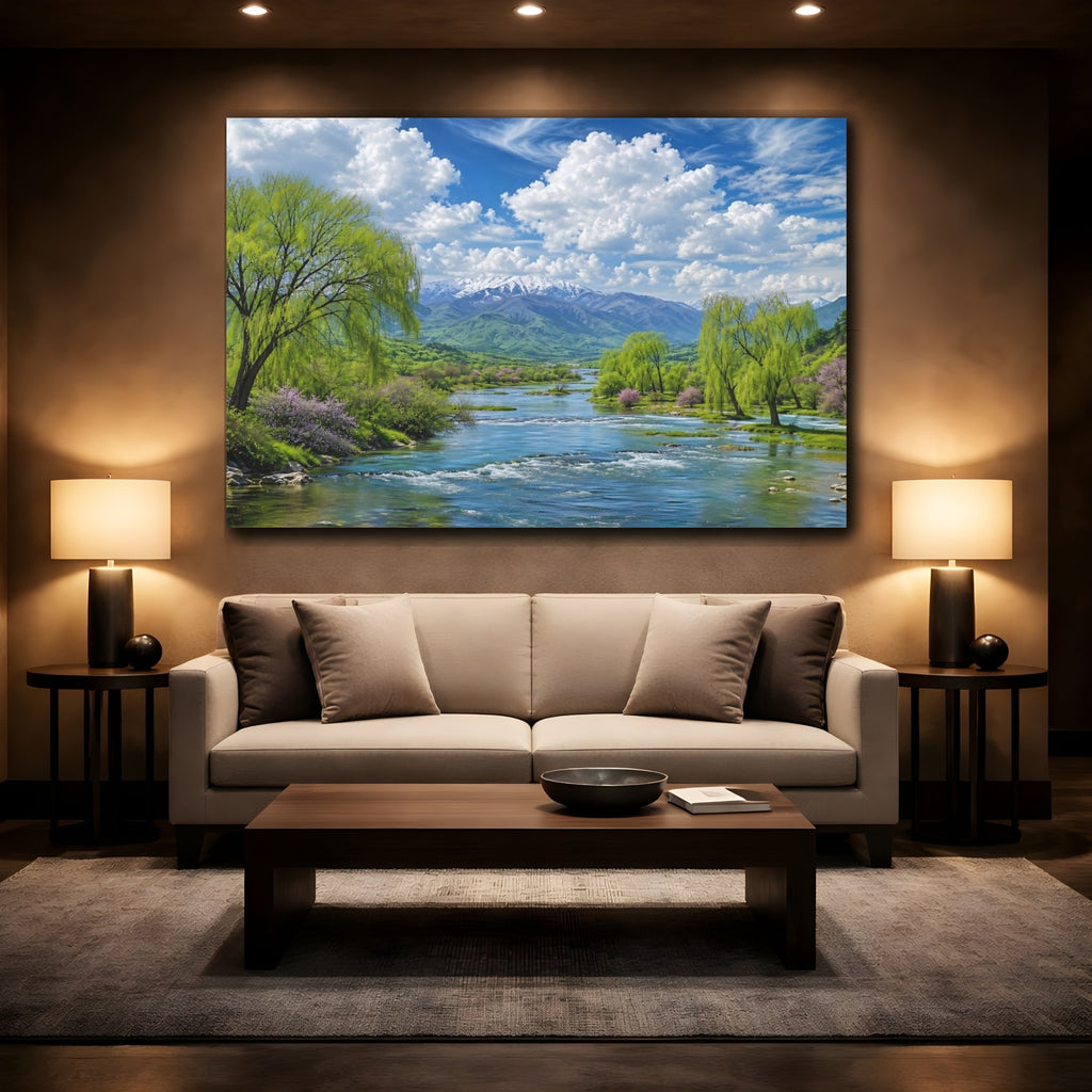 Mockup 2. Nature Mountain River Green Blue Nature shown as stretched canvas wall art