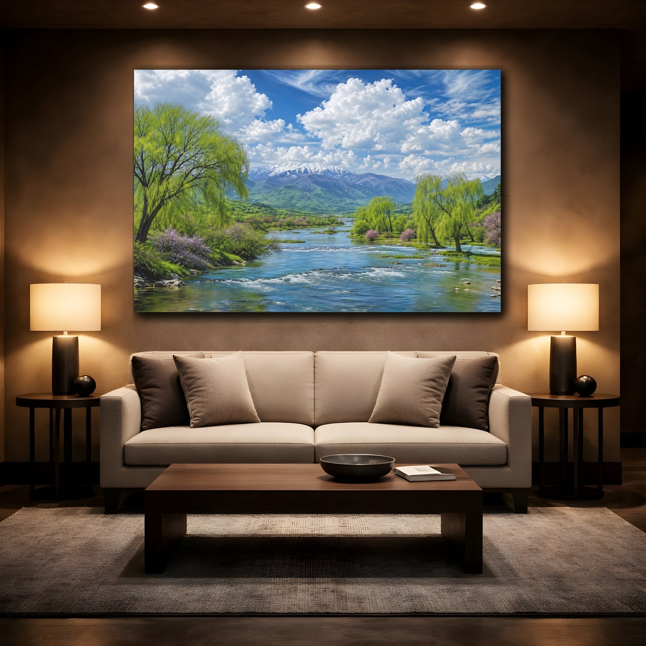 Mockup 2. Nature Mountain River Green Blue Nature shown as stretched canvas wall art