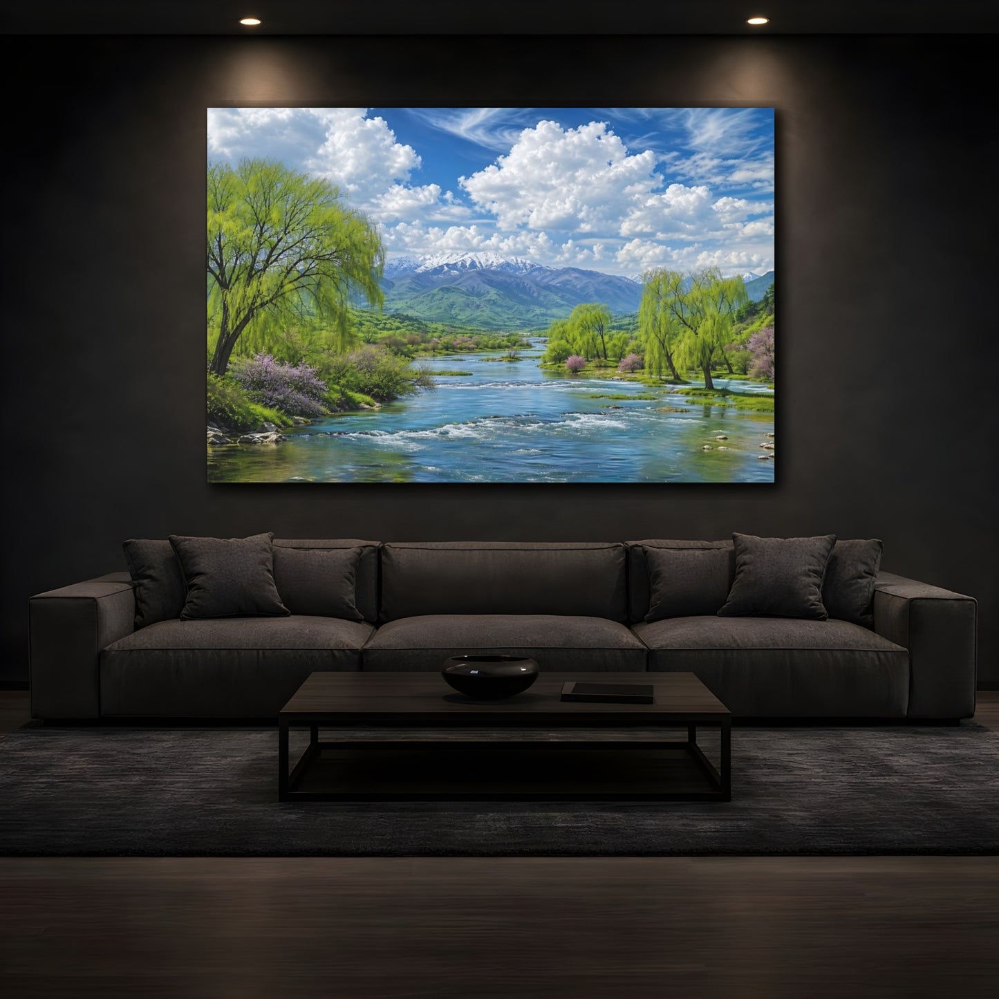 Mockup 3. Nature Mountain River Green Blue Nature shown as stretched canvas wall art