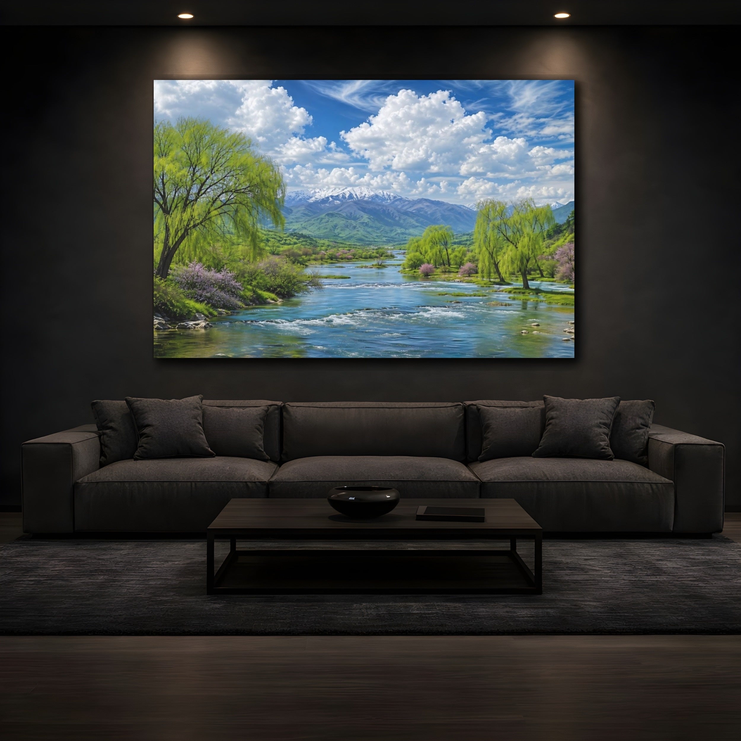 Mockup 3. Nature Mountain River Green Blue Nature shown as stretched canvas wall art
