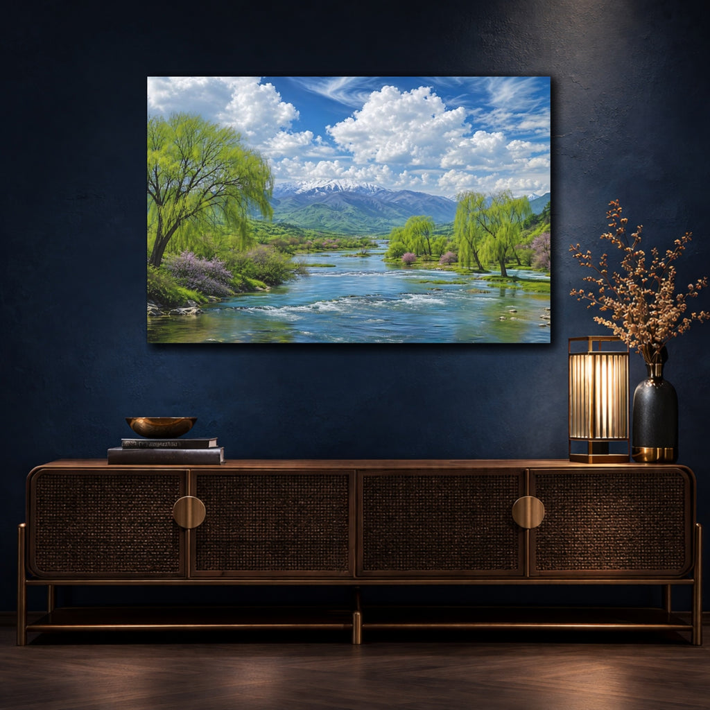 Mockup 4. Nature Mountain River Green Blue Nature shown as stretched canvas wall art