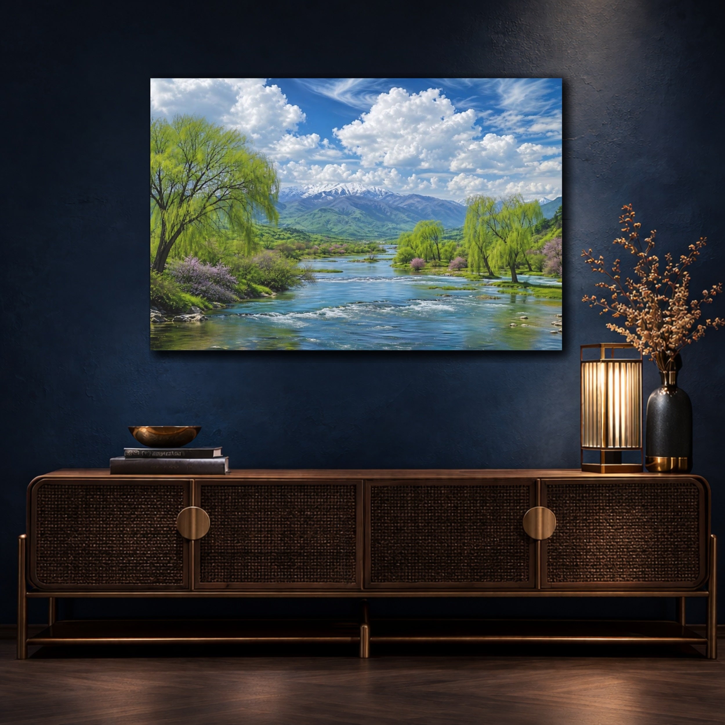 Mockup 4. Nature Mountain River Green Blue Nature shown as stretched canvas wall art